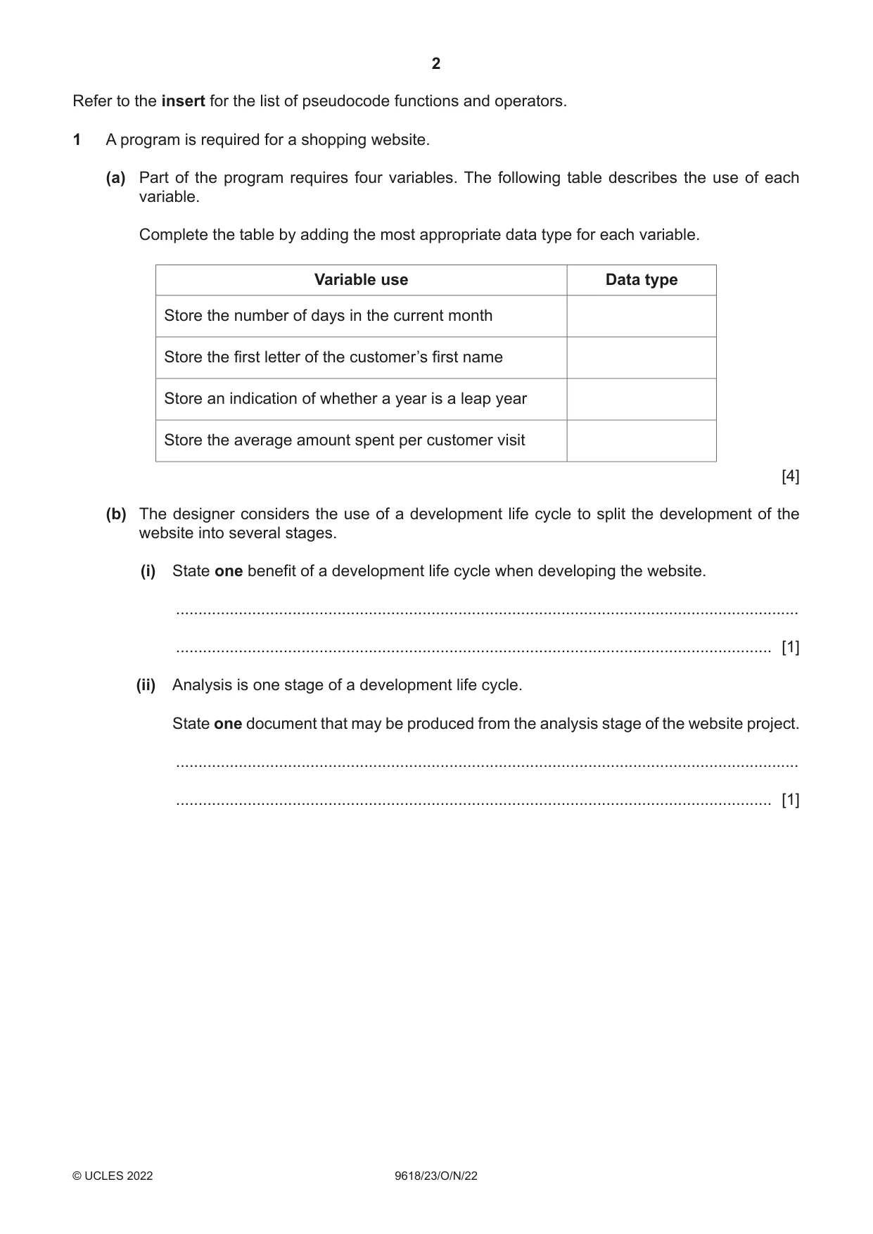 Cambridge A Level Computer Science 9618 2022 Oct/Nov Paper 2 · Variant 3 question paper, page 2 of 20