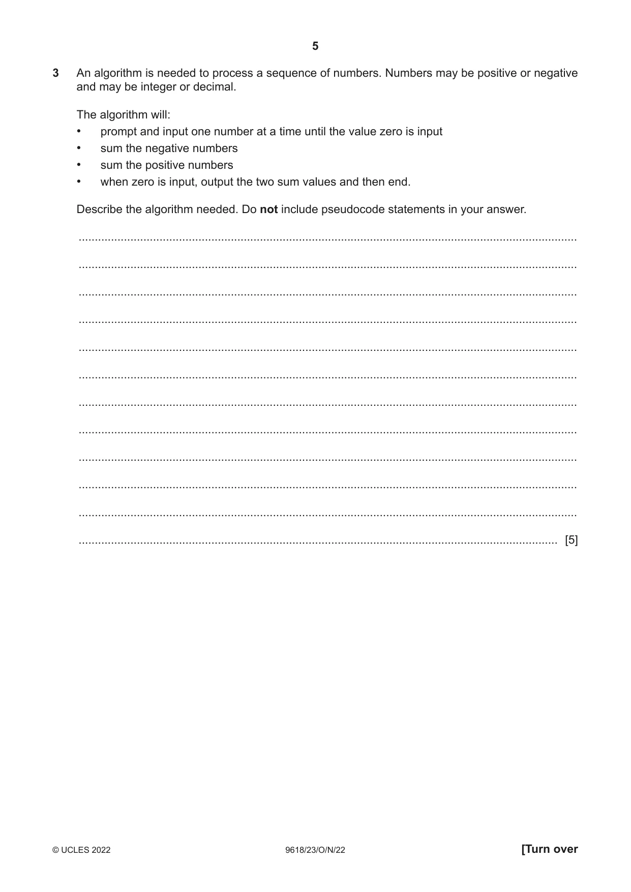 Cambridge A Level Computer Science 9618 2022 Oct/Nov Paper 2 · Variant 3 question paper, page 5 of 20
