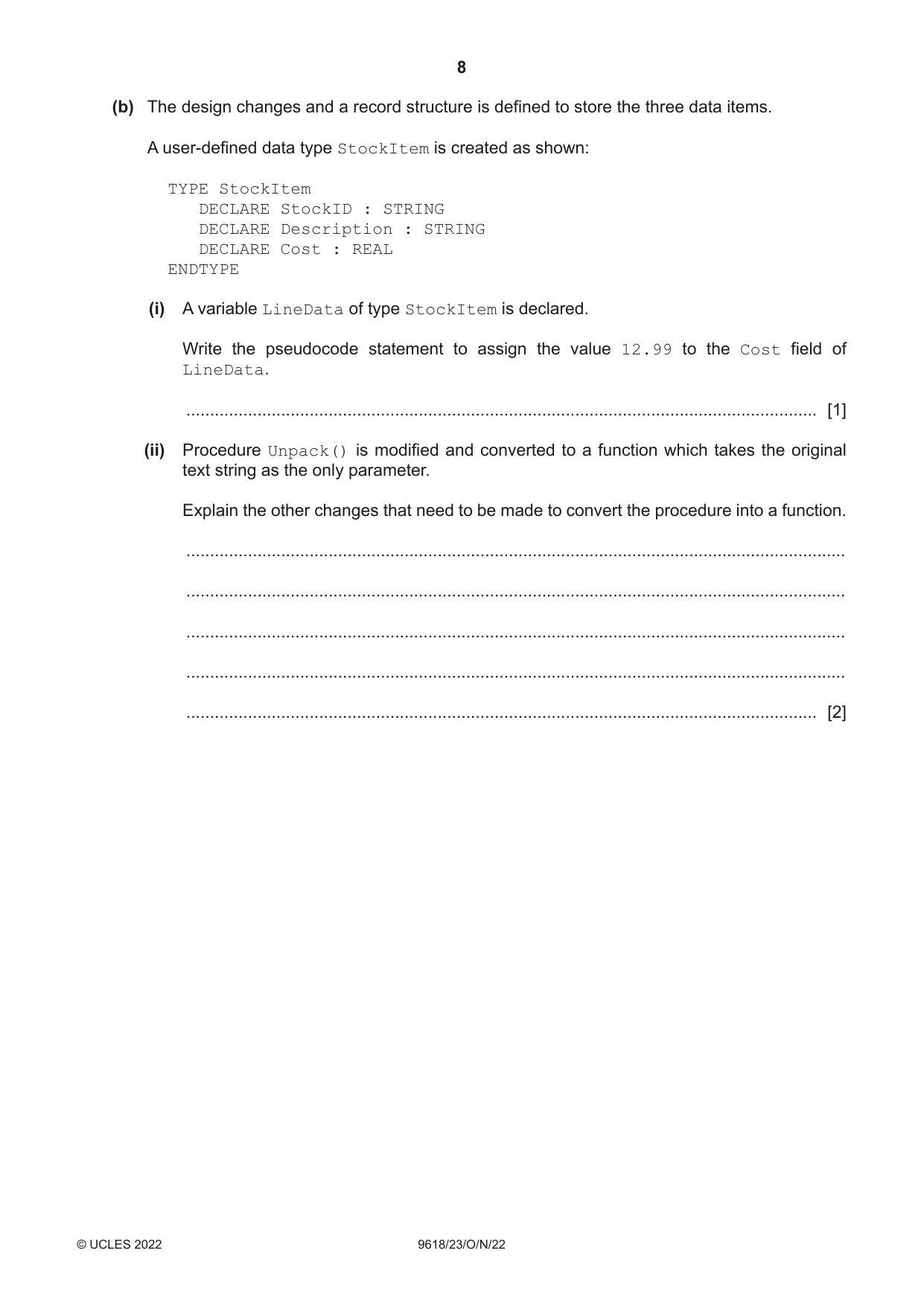 Cambridge A Level Computer Science 9618 2022 Oct/Nov Paper 2 · Variant 3 question paper, page 8 of 20