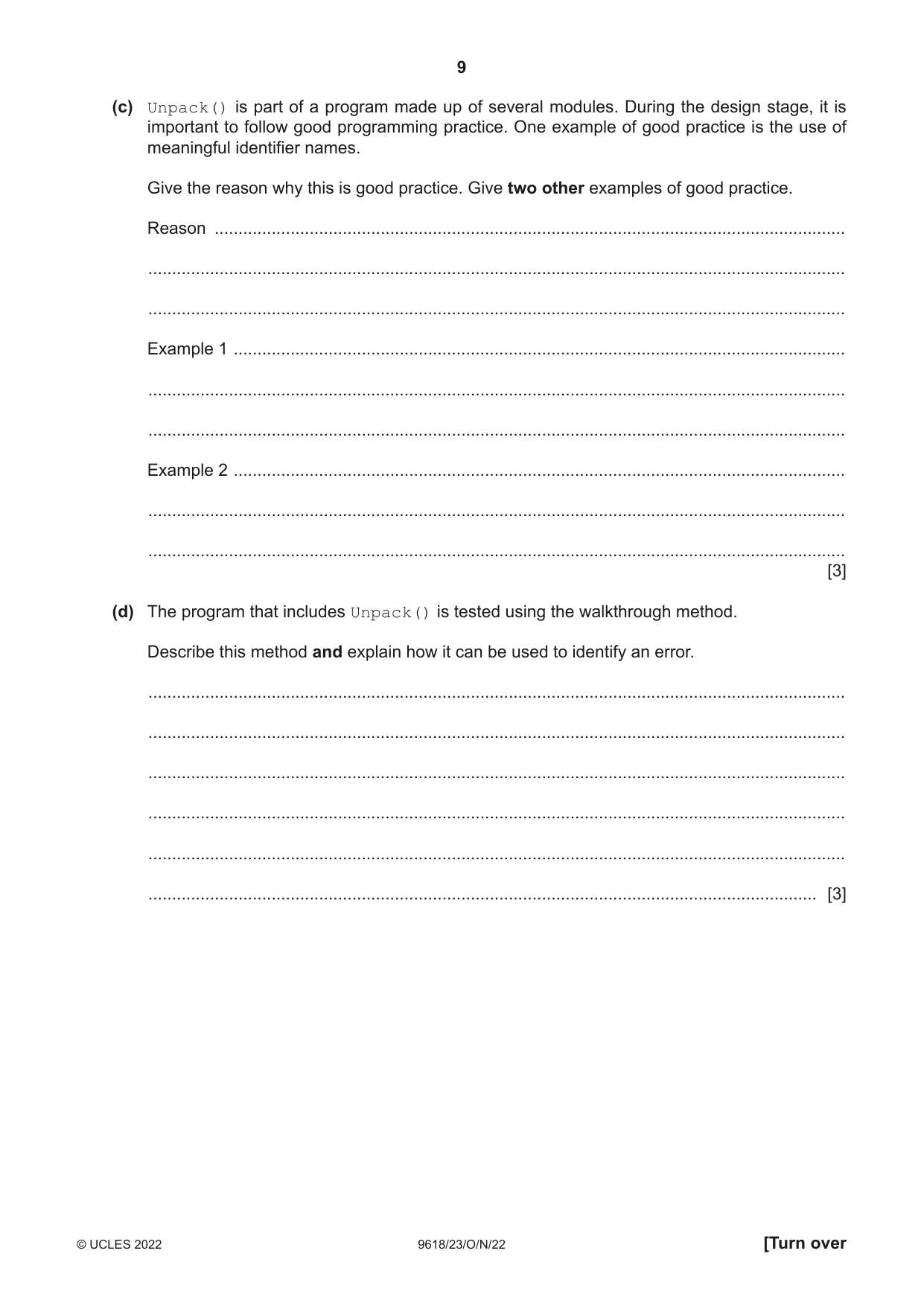 Cambridge A Level Computer Science 9618 2022 Oct/Nov Paper 2 · Variant 3 question paper, page 9 of 20
