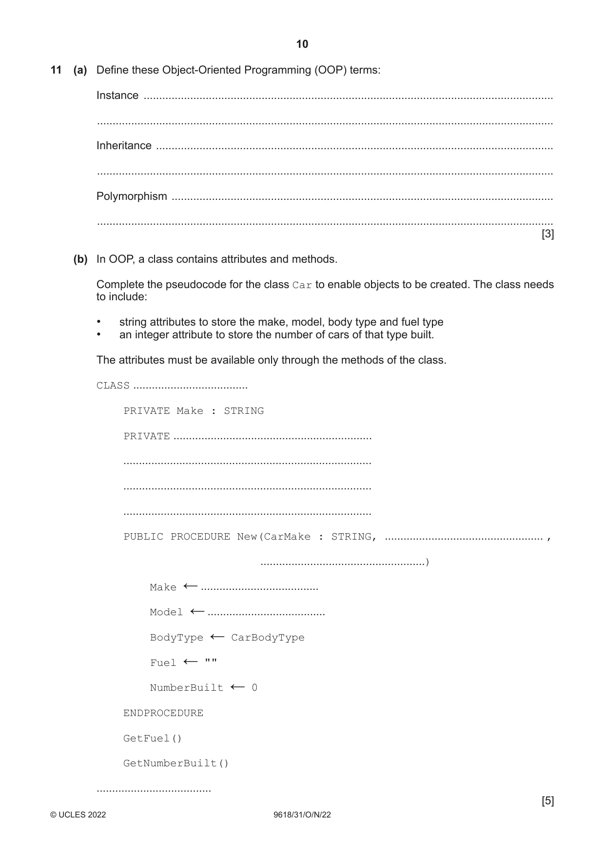 Cambridge A Level Computer Science 9618 2022 Oct/Nov Paper 3 · Variant 1 question paper, page 10 of 12