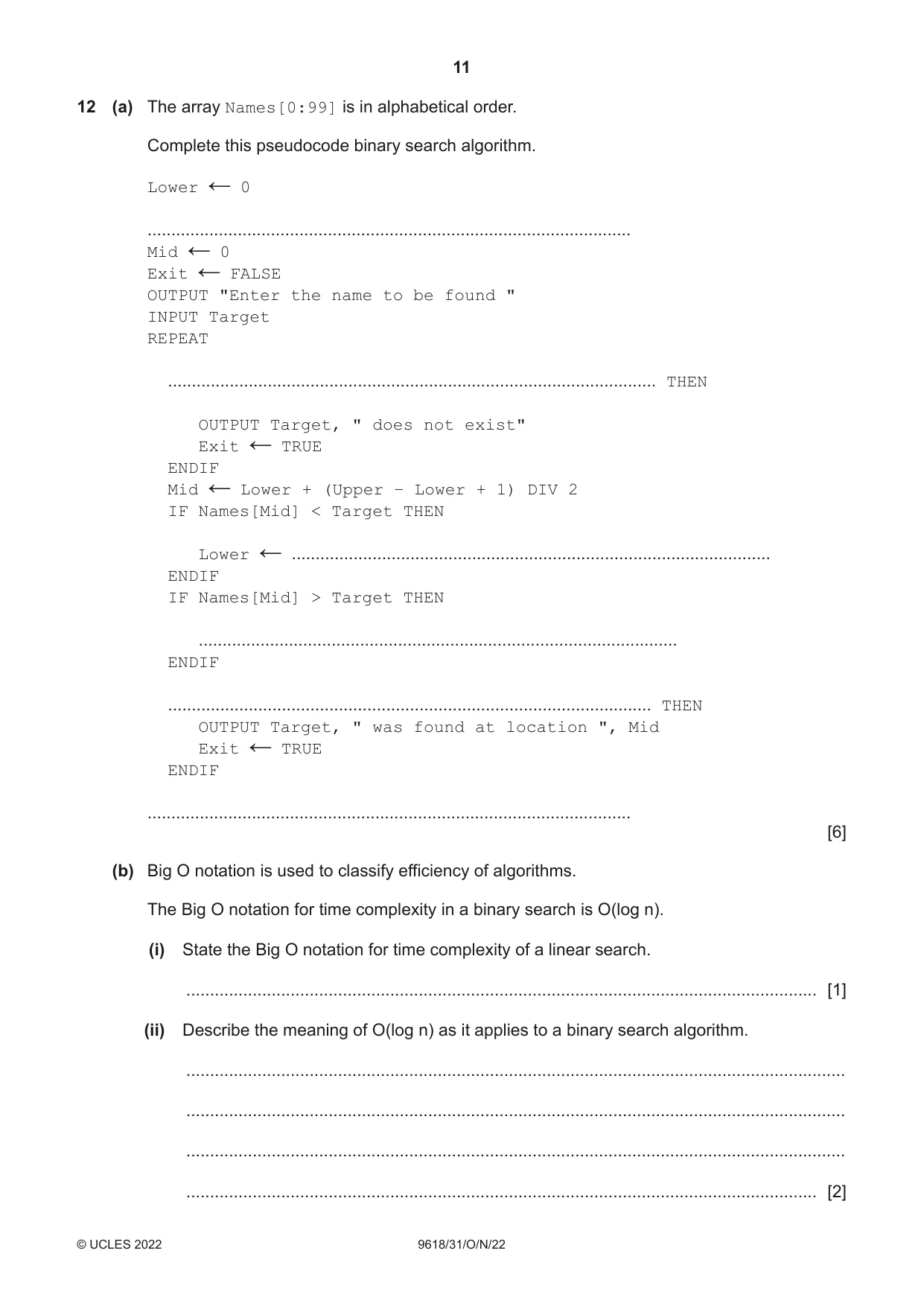 Cambridge A Level Computer Science 9618 2022 Oct/Nov Paper 3 · Variant 1 question paper, page 11 of 12