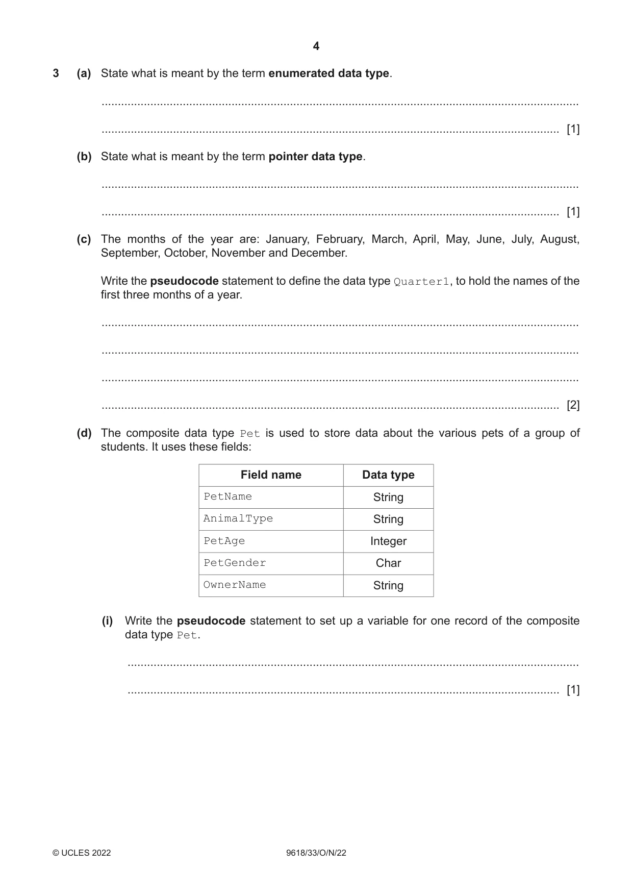 Cambridge A Level Computer Science 9618 2022 Oct/Nov Paper 3 · Variant 3 question paper, page 4 of 12