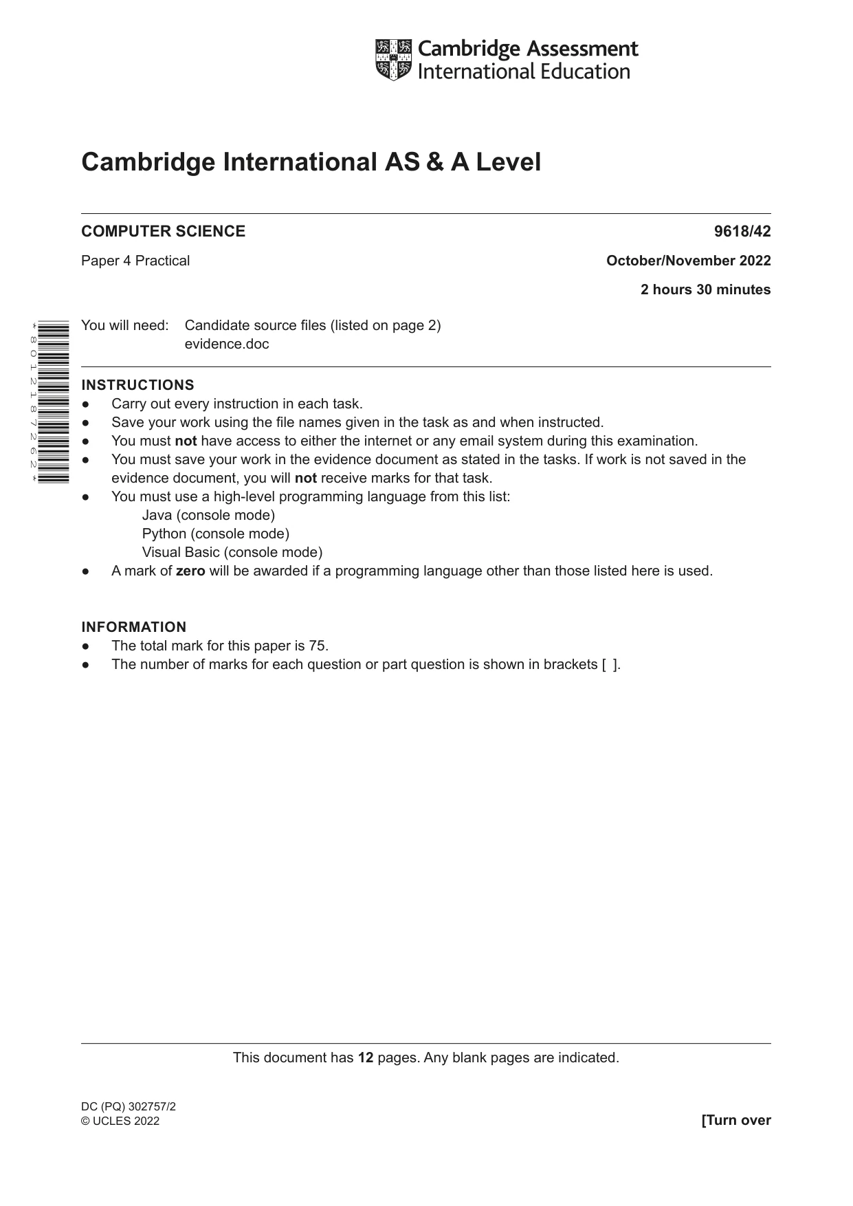 Cambridge A Level Computer Science 9618 2022 Oct/Nov Paper 4 · Variant 2 question paper, page 1 of 12