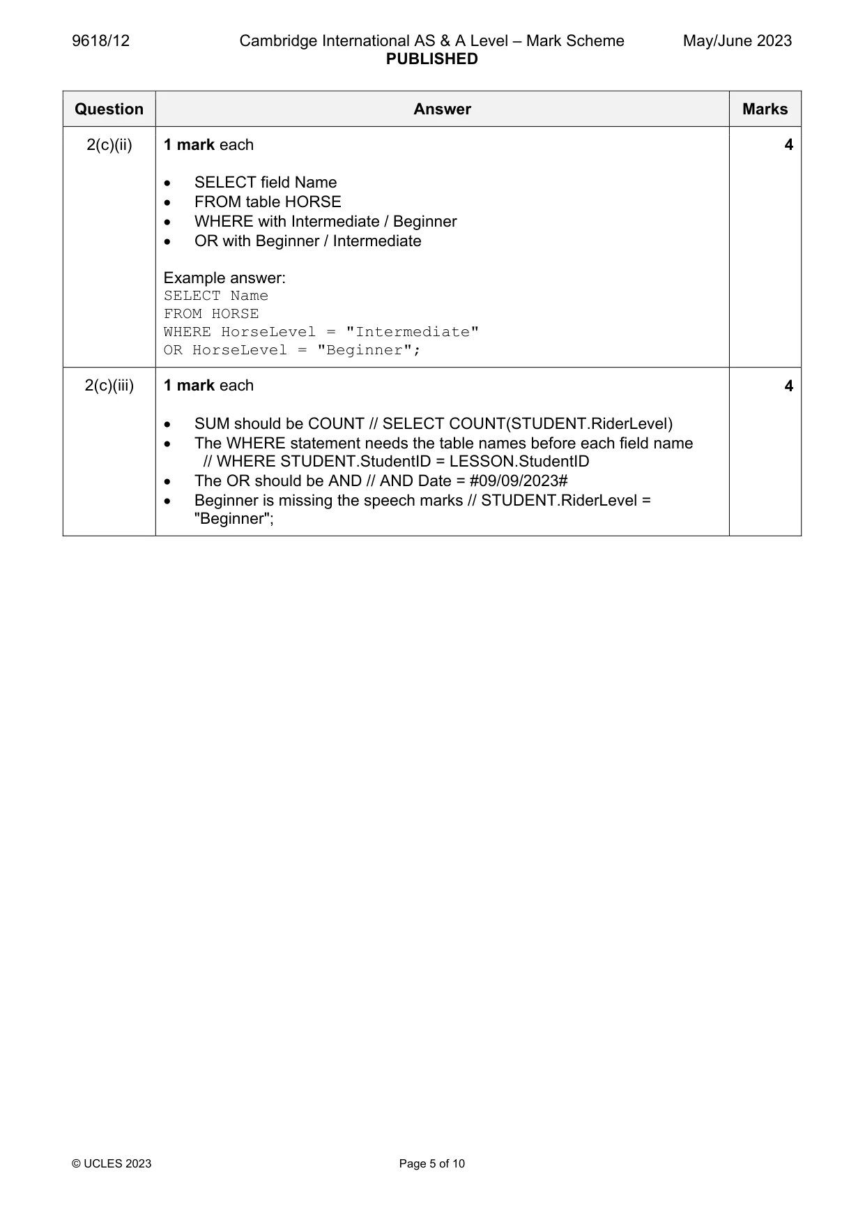 Mark scheme, page 5 of 10