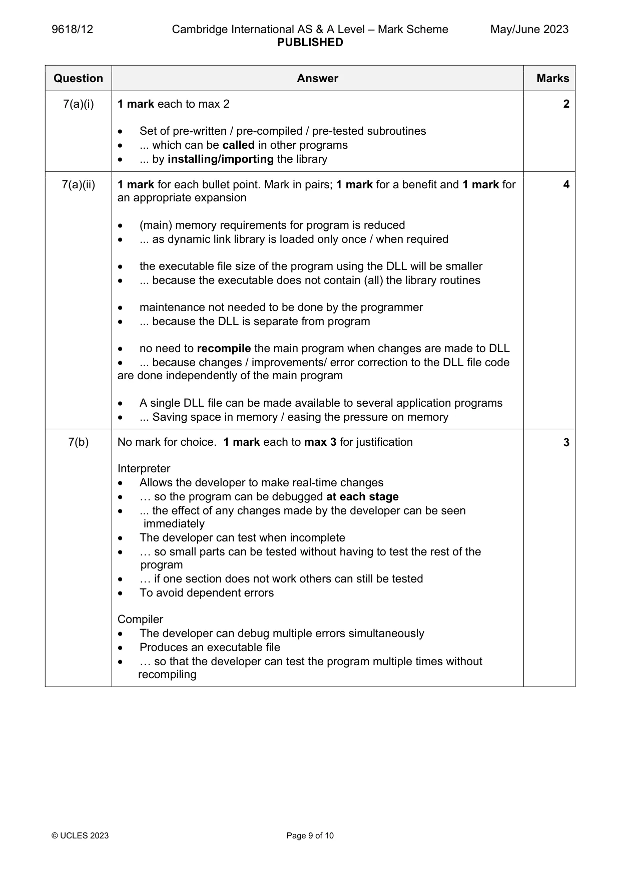 Mark scheme, page 9 of 10