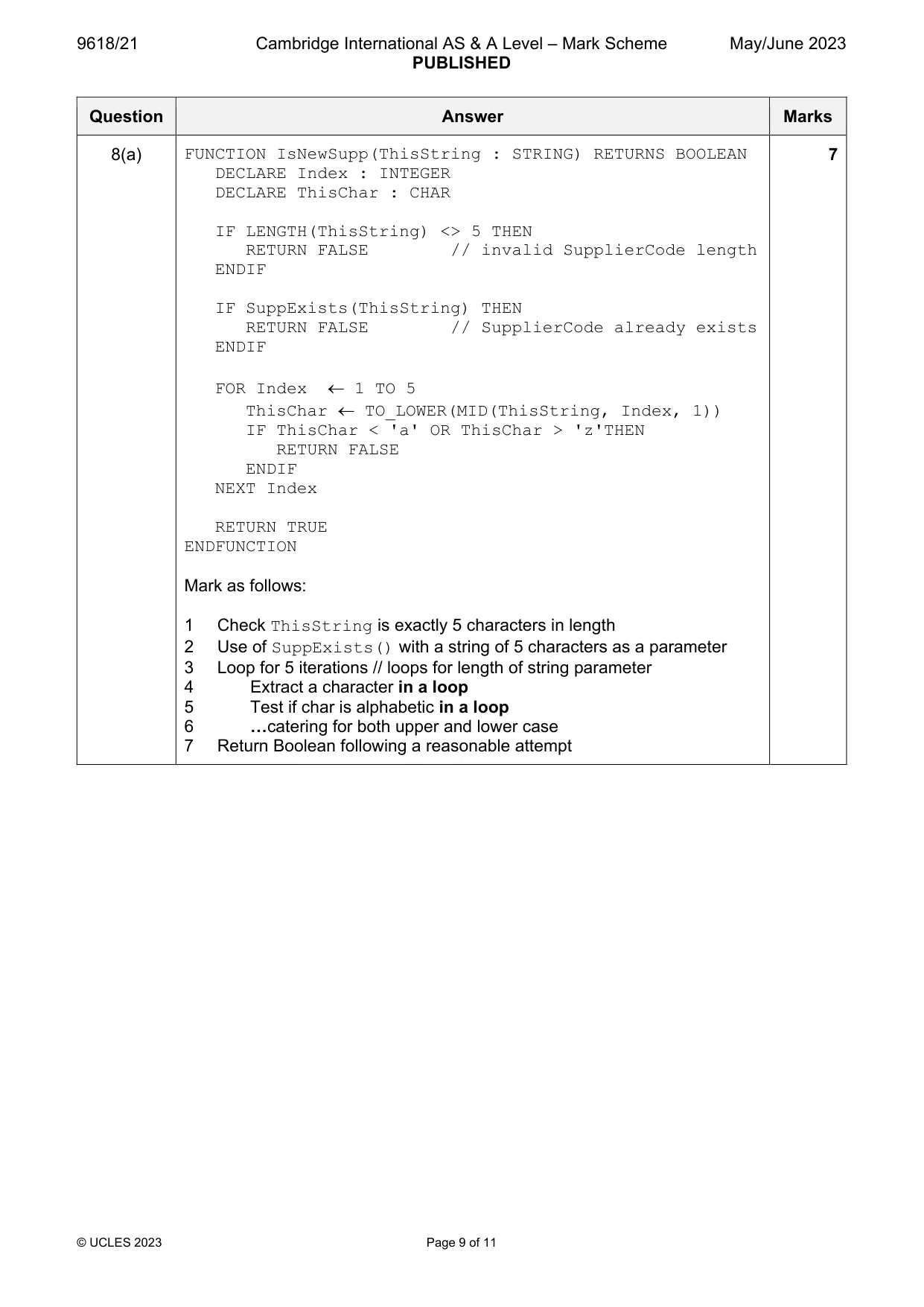 Mark scheme, page 9 of 11