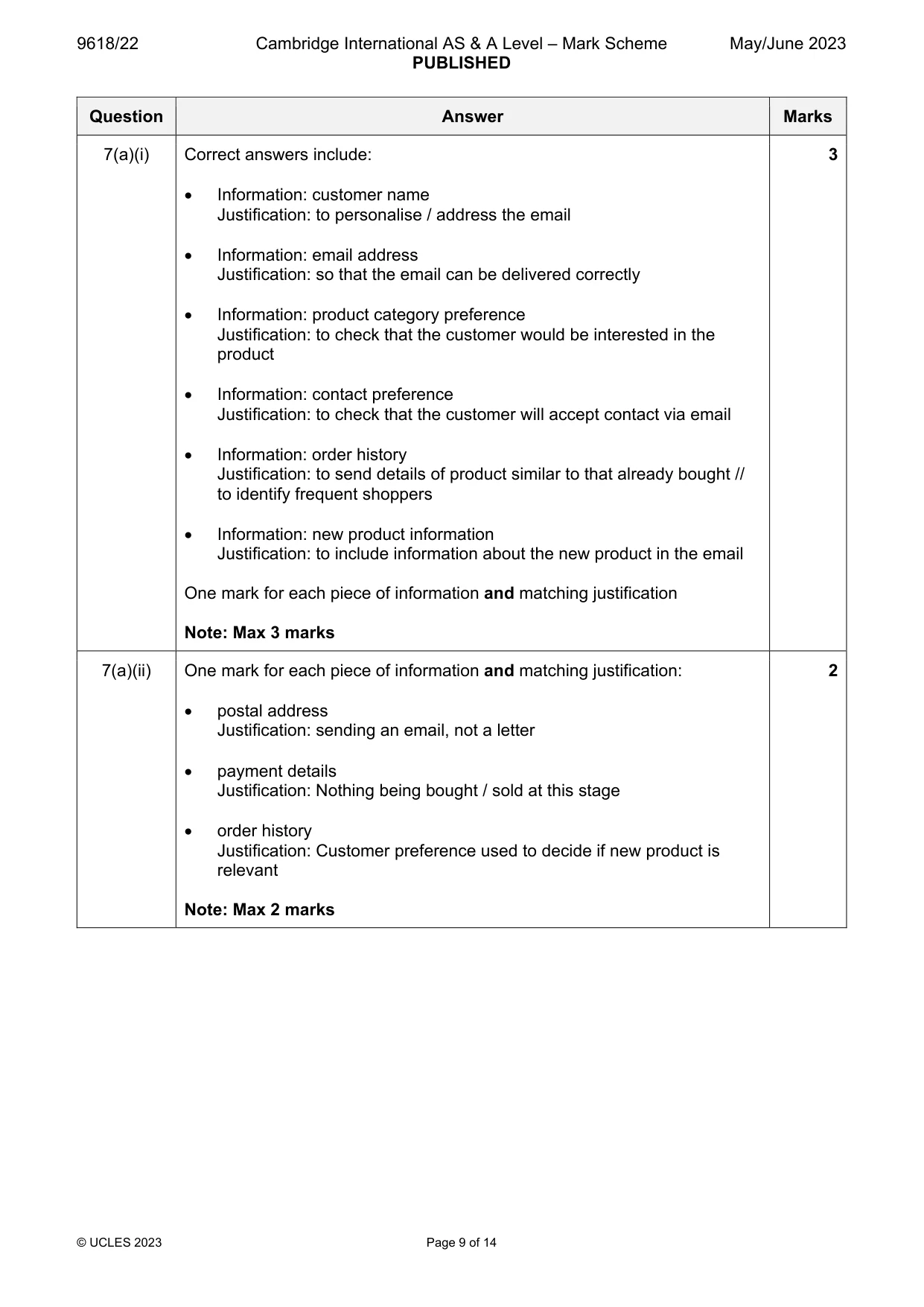 Mark scheme, page 9 of 14