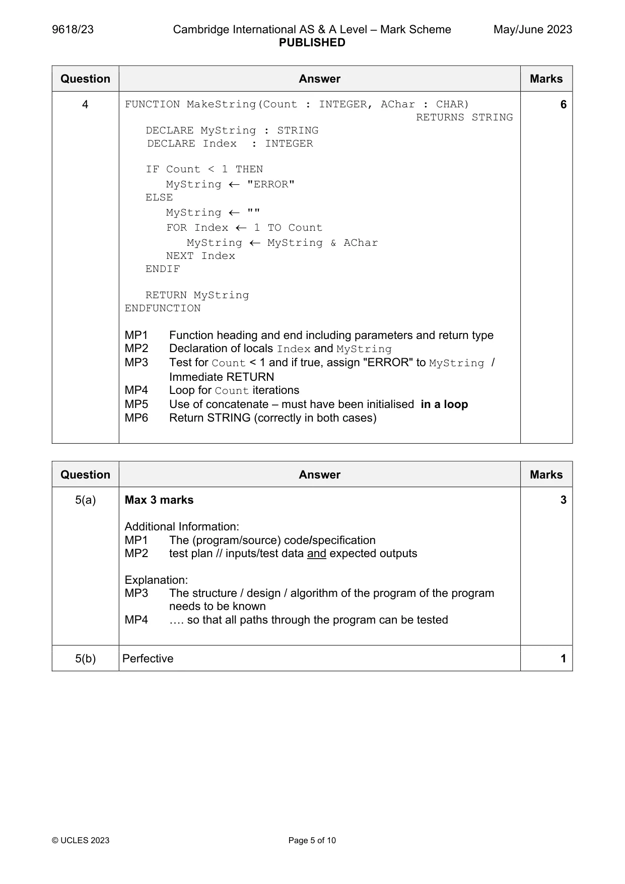 Mark scheme, page 5 of 10