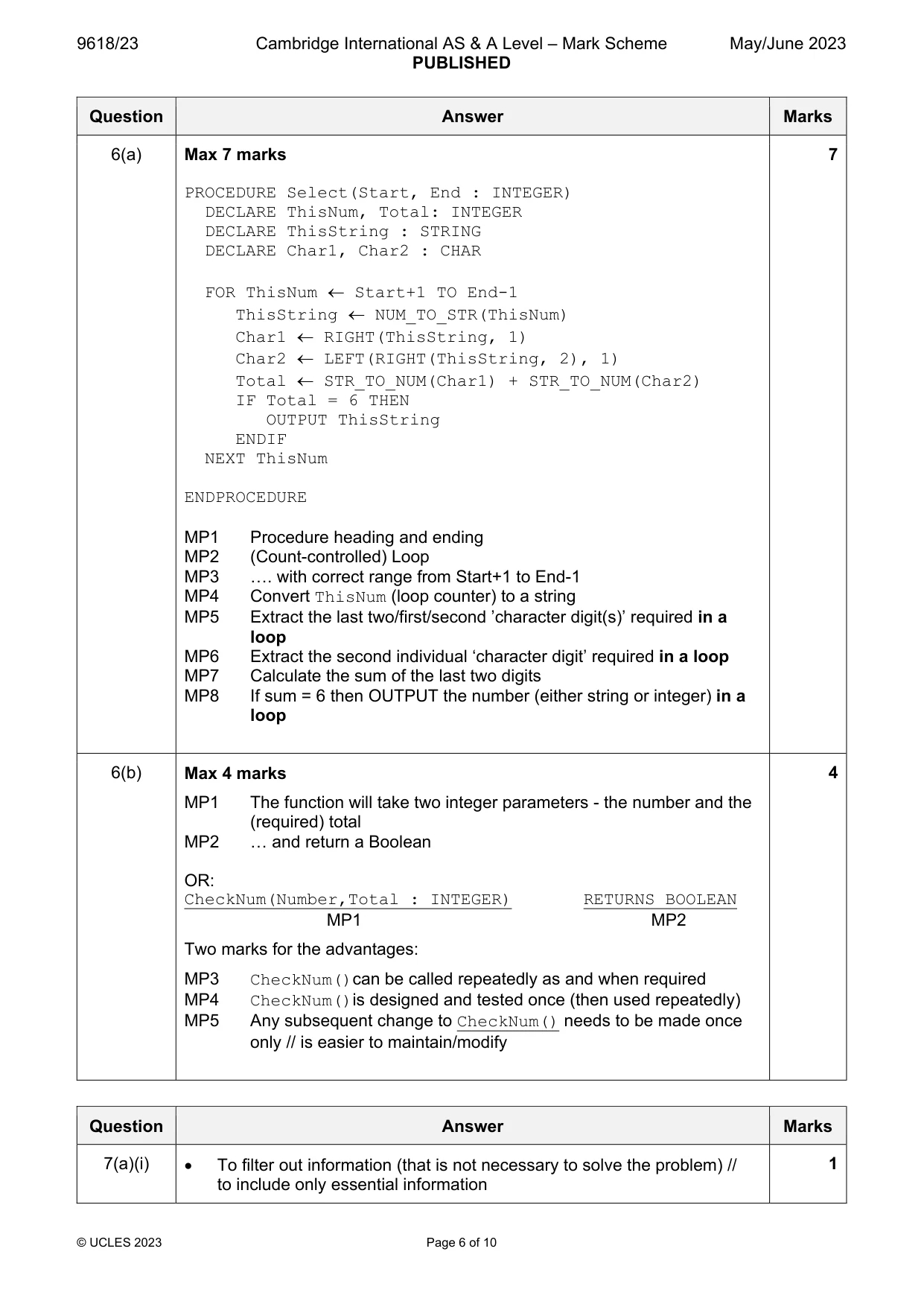 Mark scheme, page 6 of 10