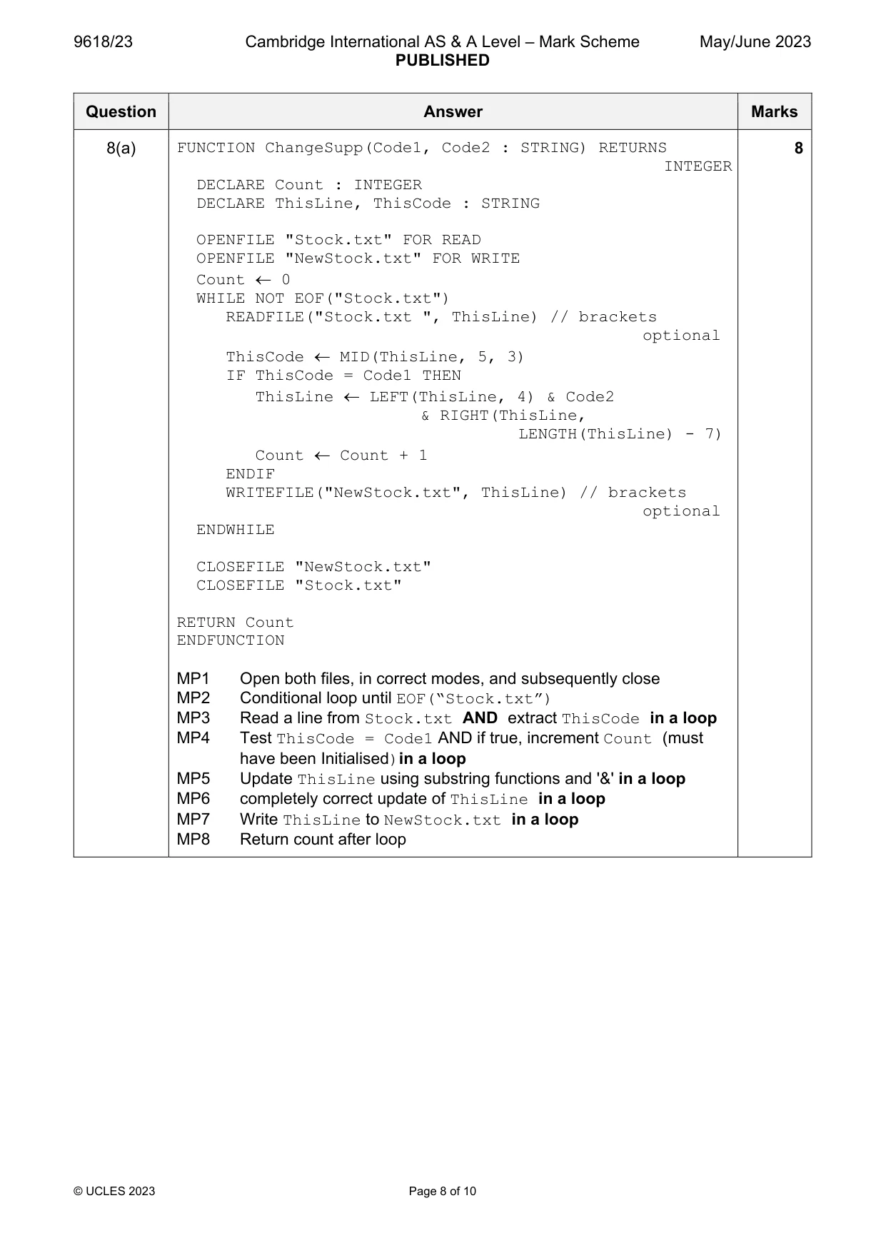 Mark scheme, page 8 of 10