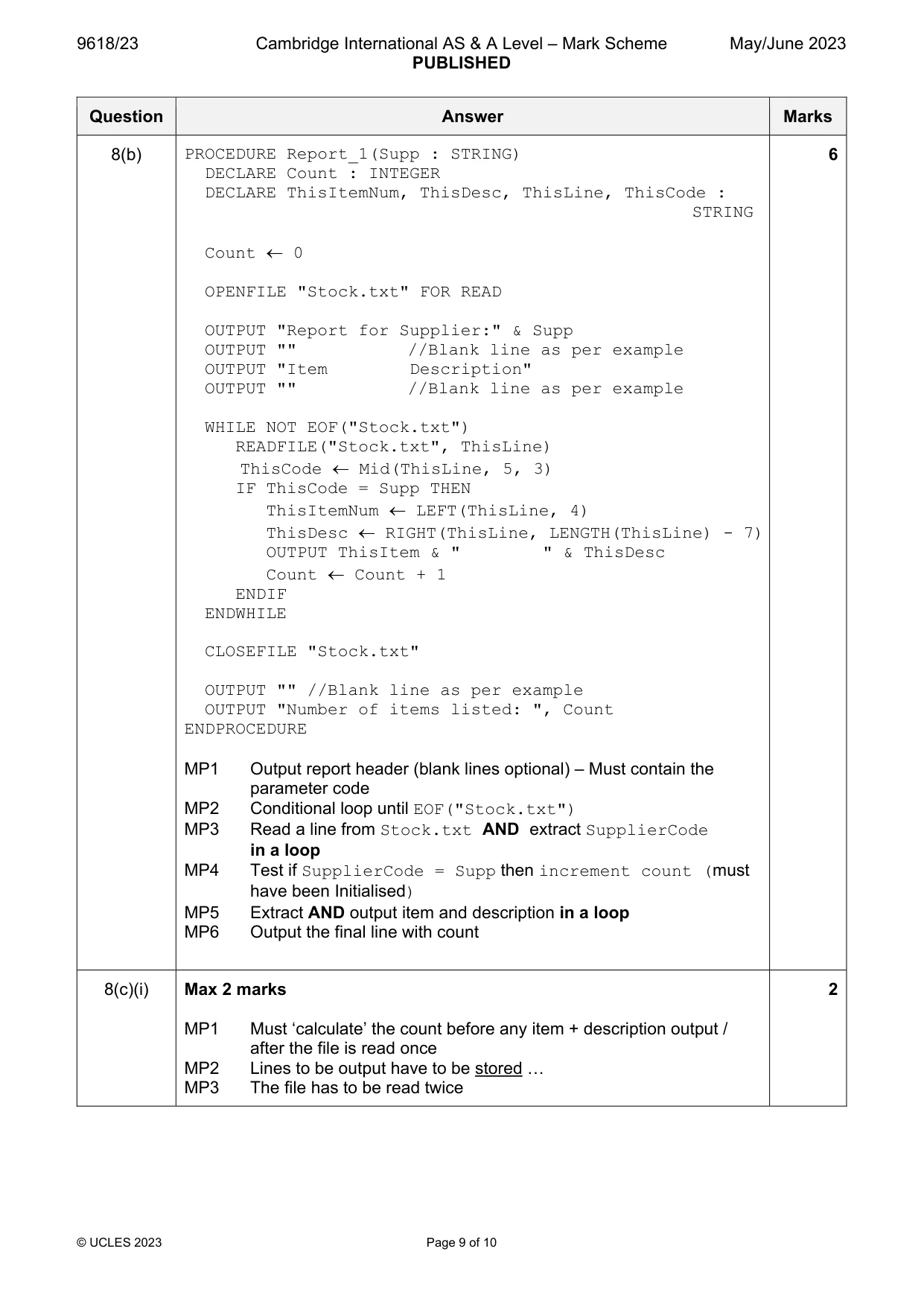 Mark scheme, page 9 of 10
