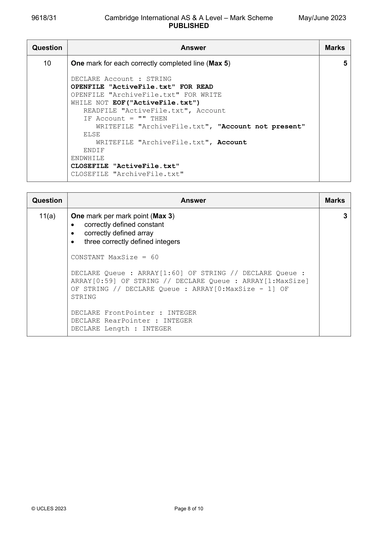 Mark scheme, page 8 of 10