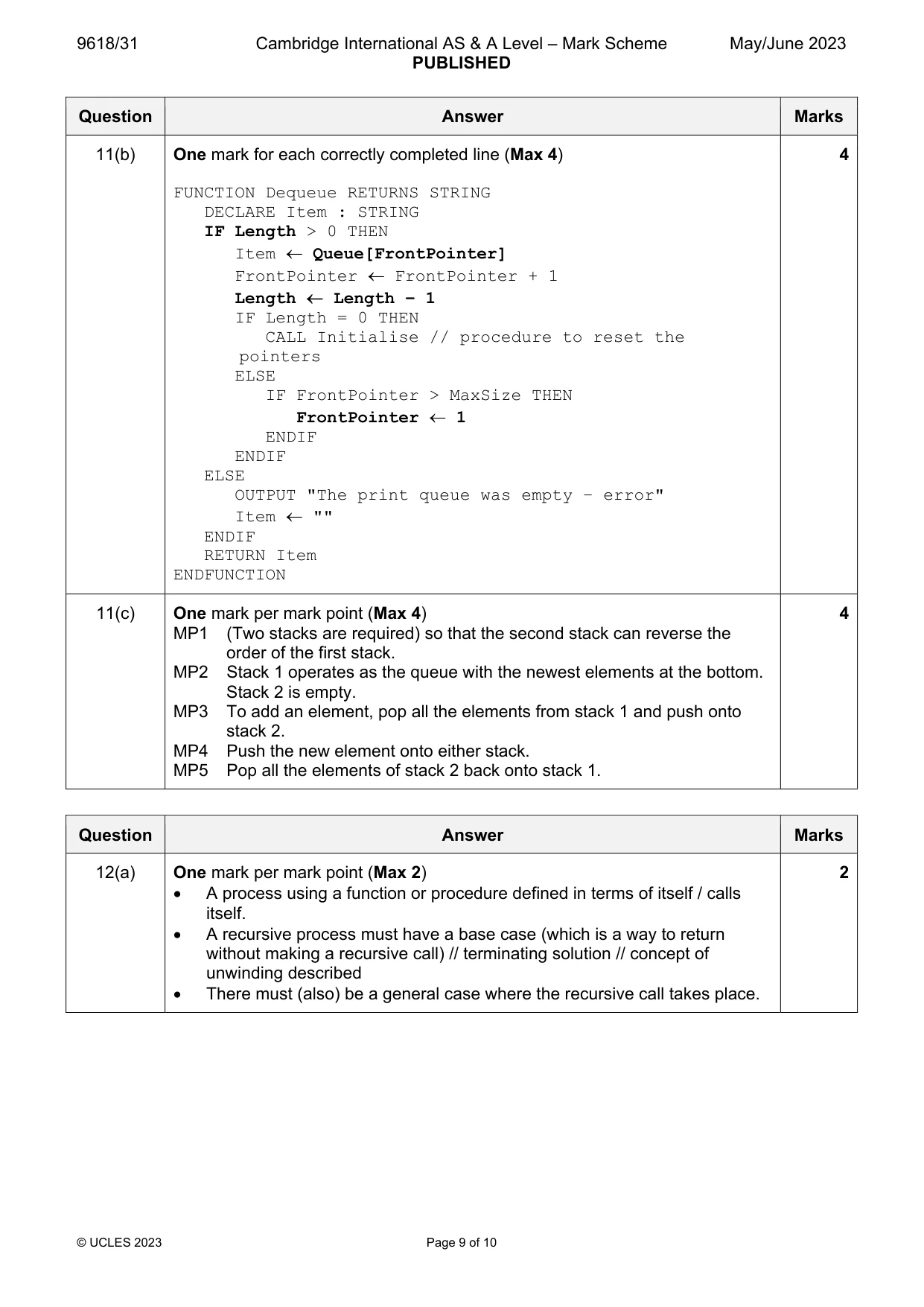 Mark scheme, page 9 of 10