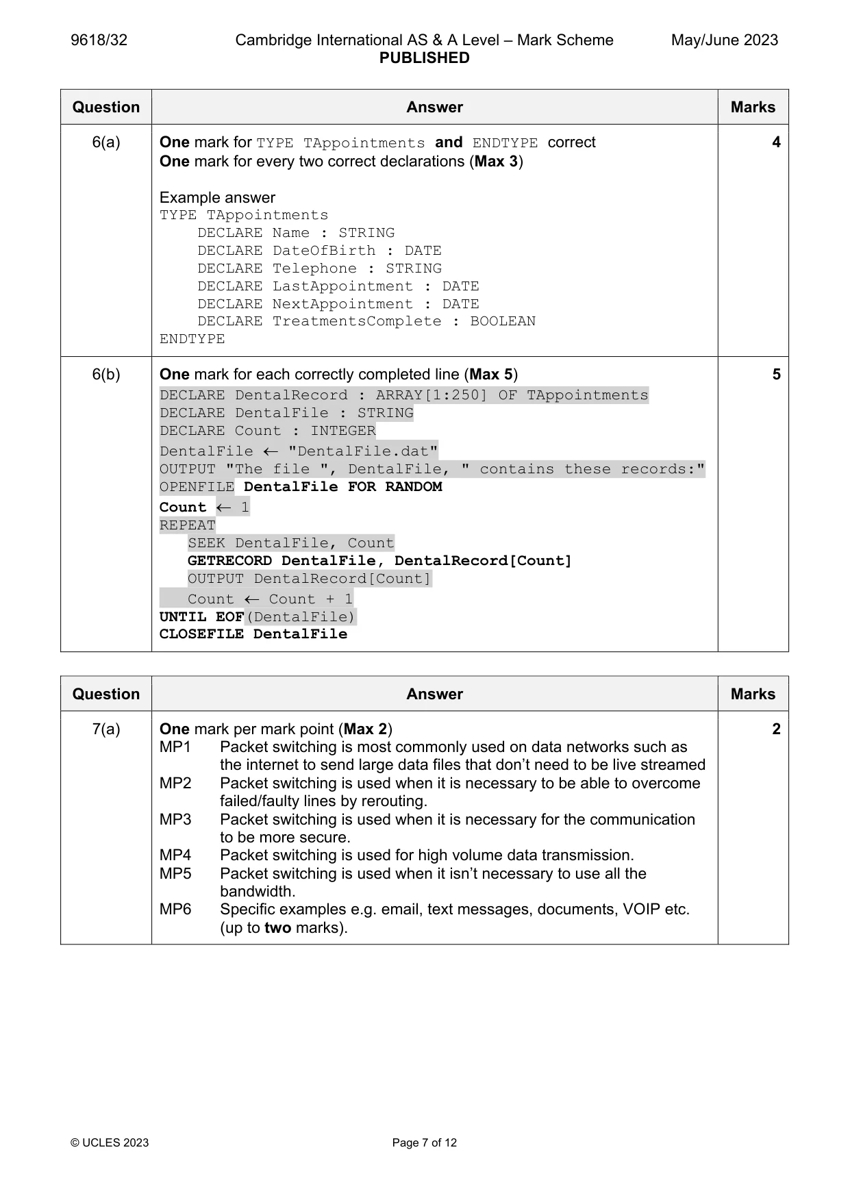 Mark scheme, page 7 of 12