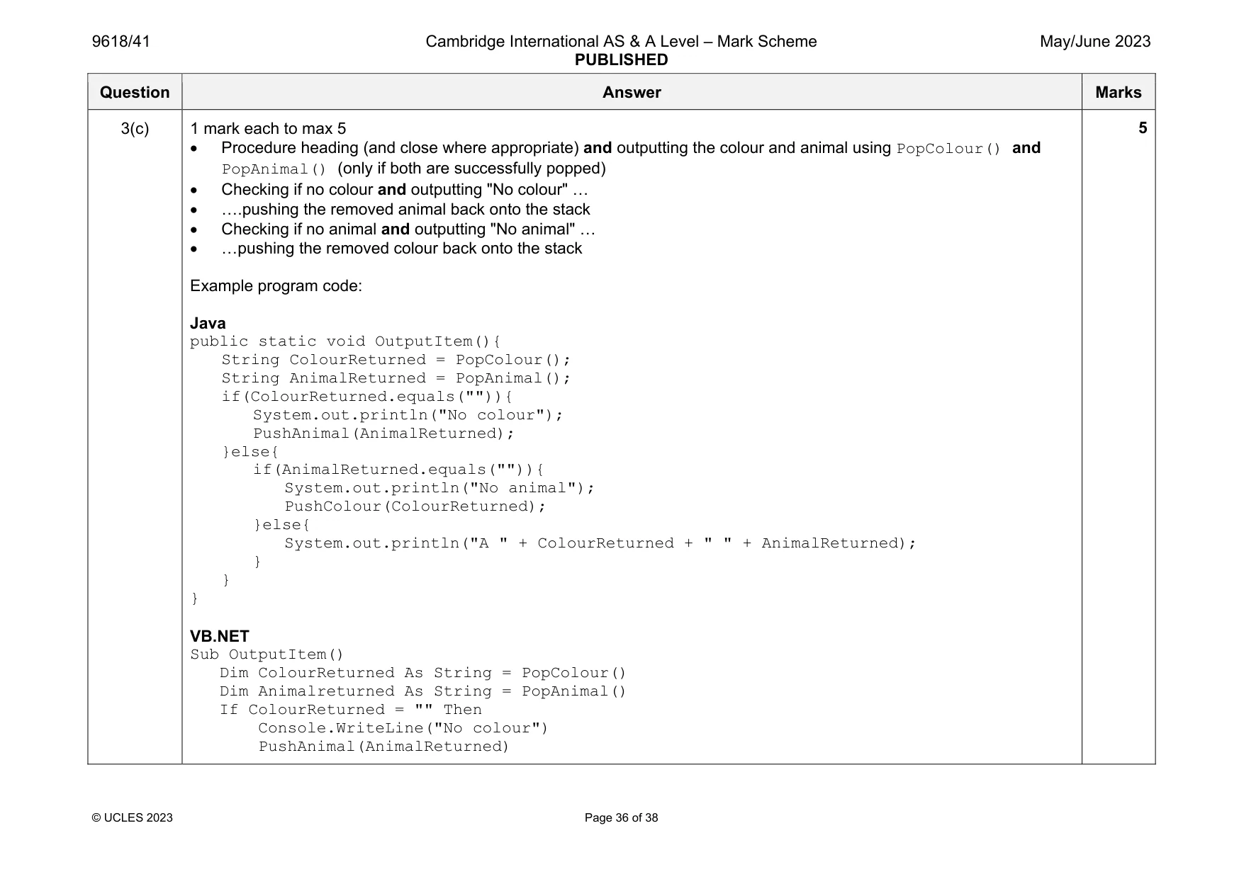 Mark scheme, page 36 of 38