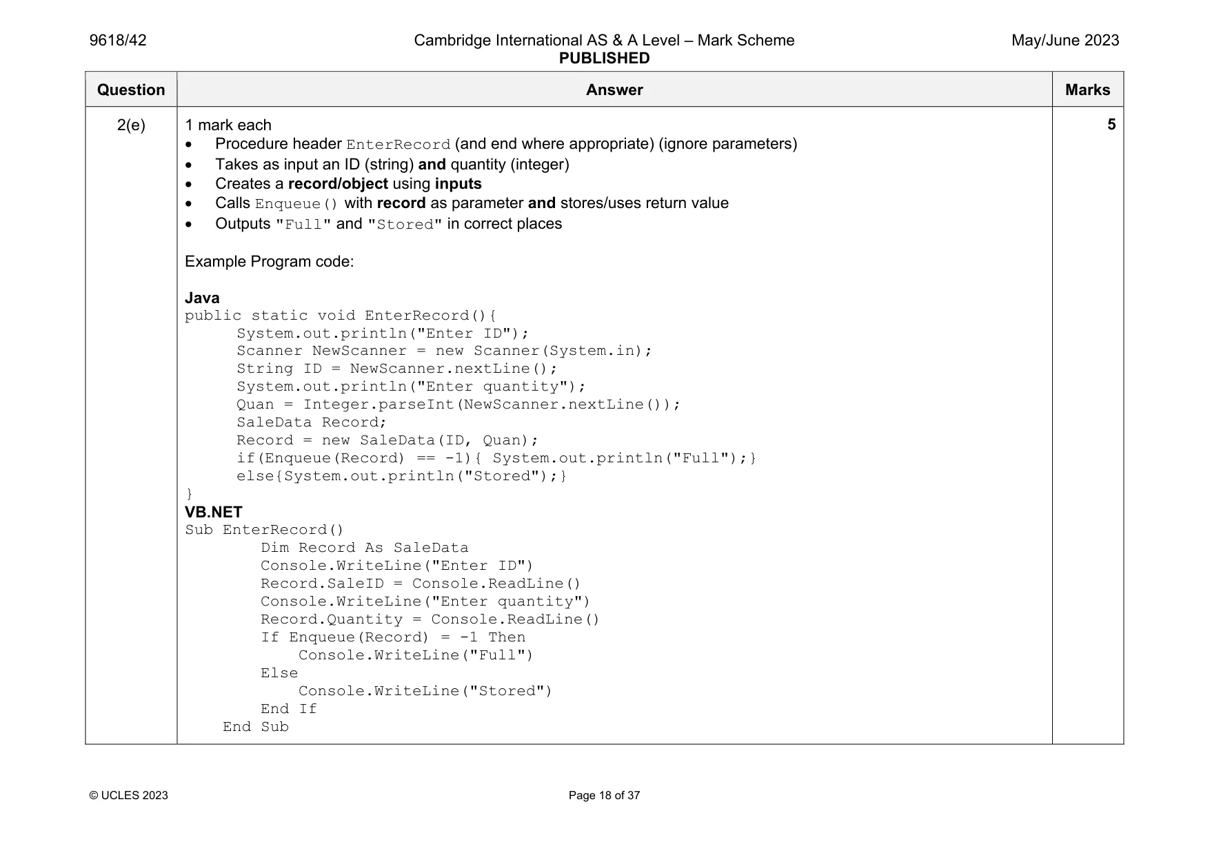 Mark scheme, page 18 of 37