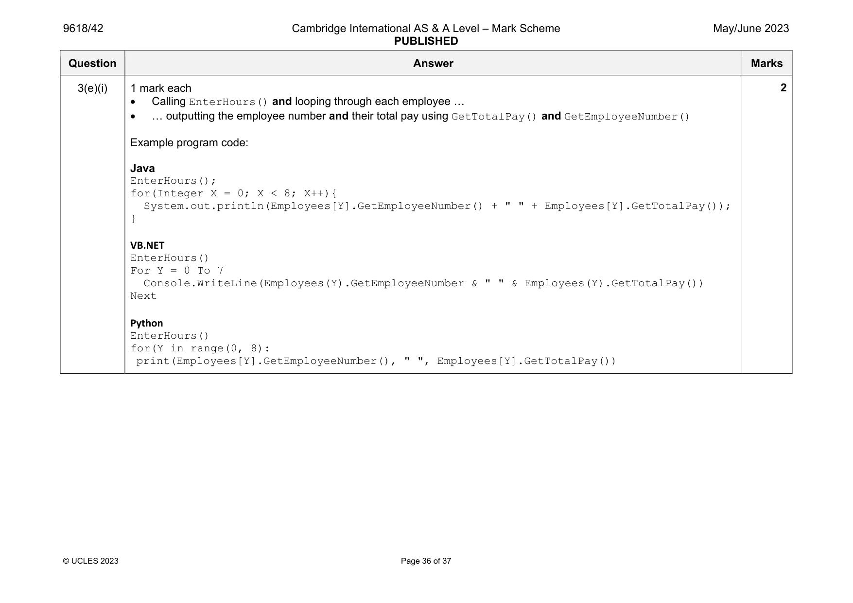 Mark scheme, page 36 of 37