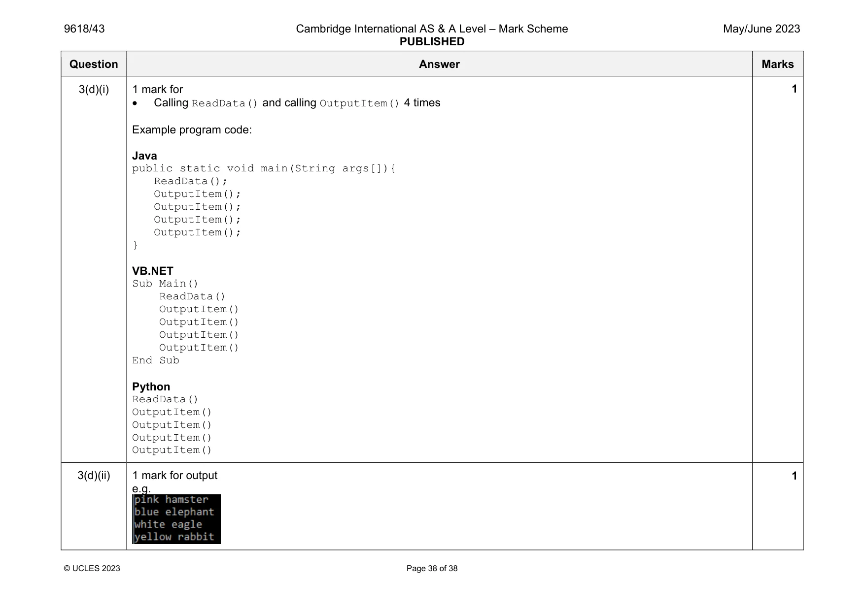 Mark scheme, page 38 of 38