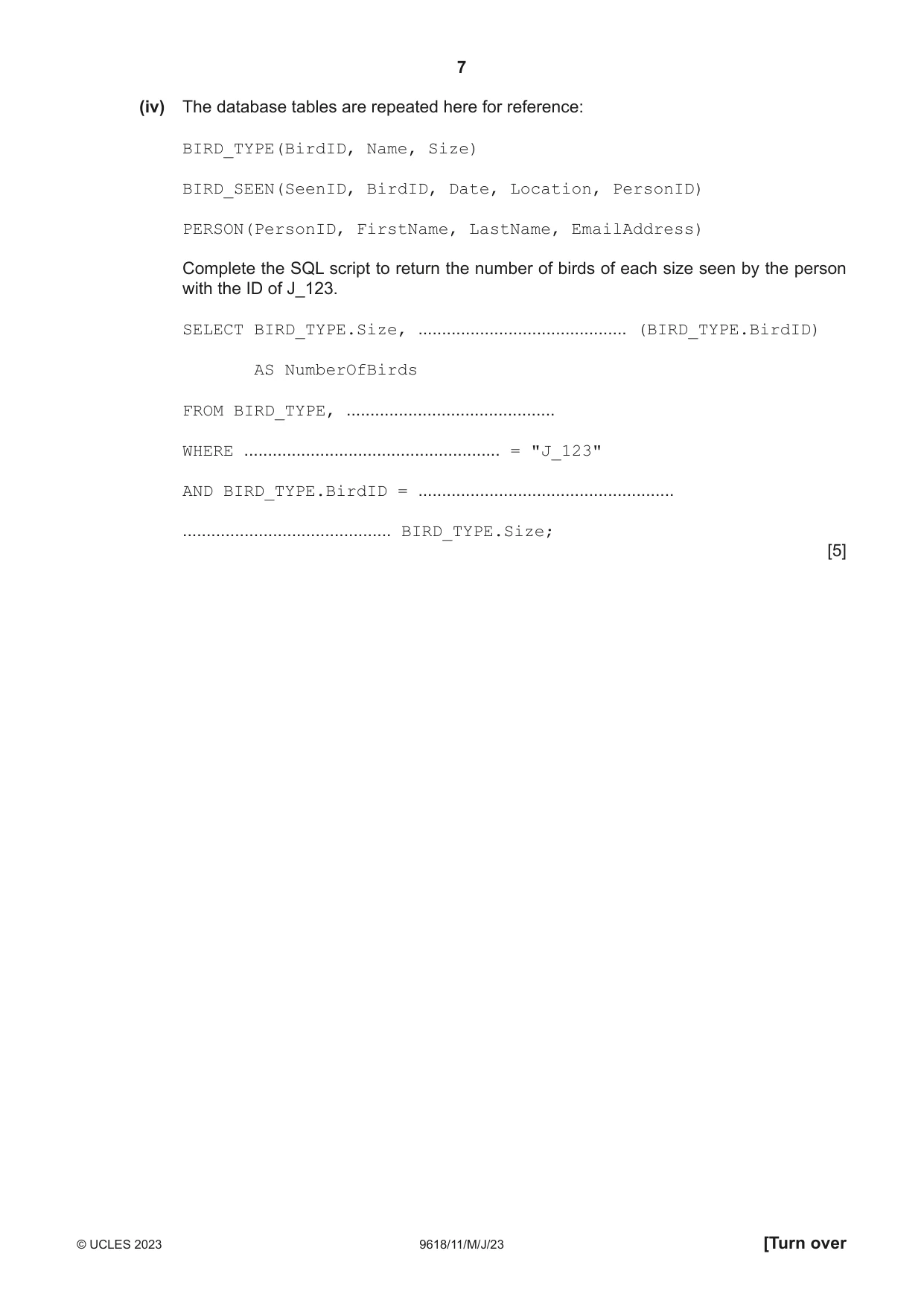 Cambridge A Level Computer Science 9618 2023 May/June Paper 1 · Variant 1 question paper, page 7 of 16