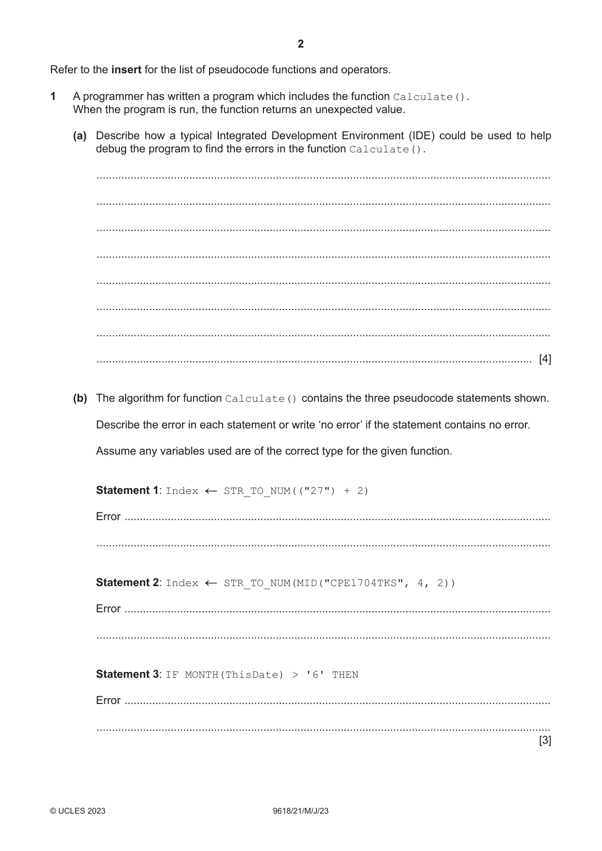 Cambridge A Level Computer Science 9618 2023 May/June Paper 2 · Variant 1 question paper, page 2 of 20