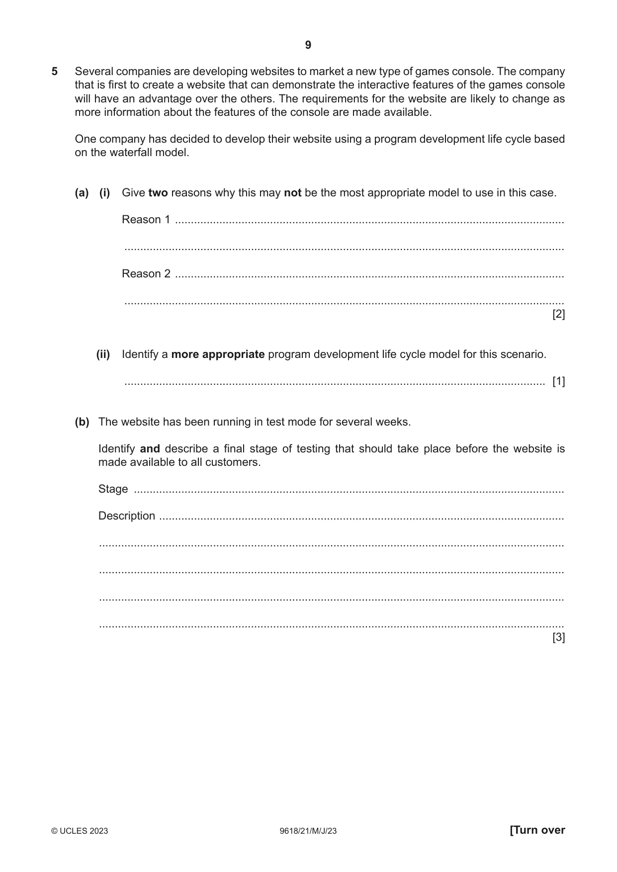 Cambridge A Level Computer Science 9618 2023 May/June Paper 2 · Variant 1 question paper, page 9 of 20