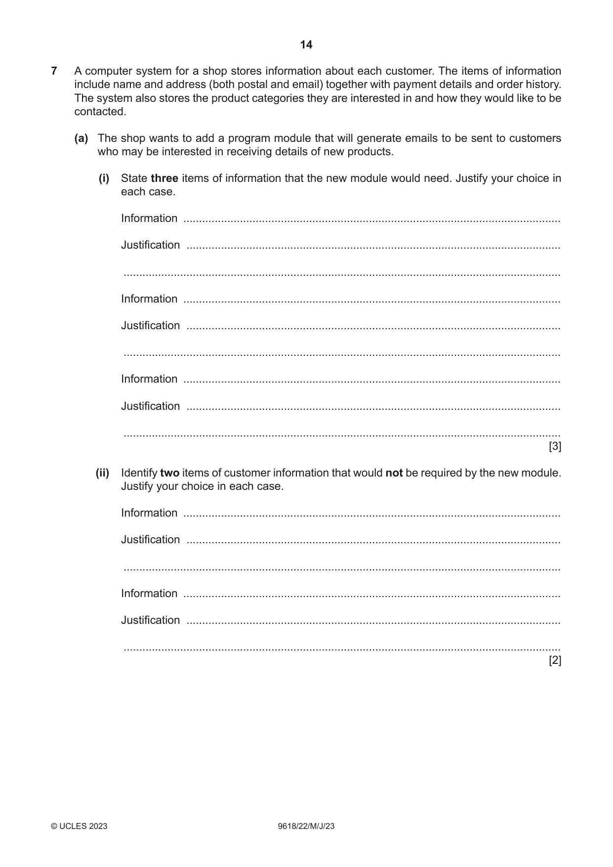 Cambridge A Level Computer Science 9618 2023 May/June Paper 2 · Variant 2 question paper, page 14 of 20