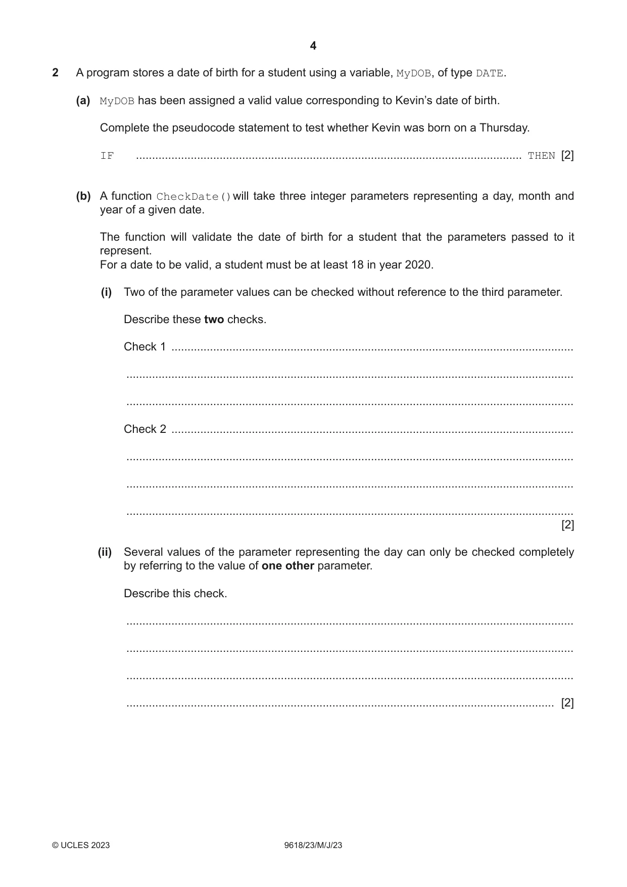 Cambridge A Level Computer Science 9618 2023 May/June Paper 2 · Variant 3 question paper, page 4 of 20