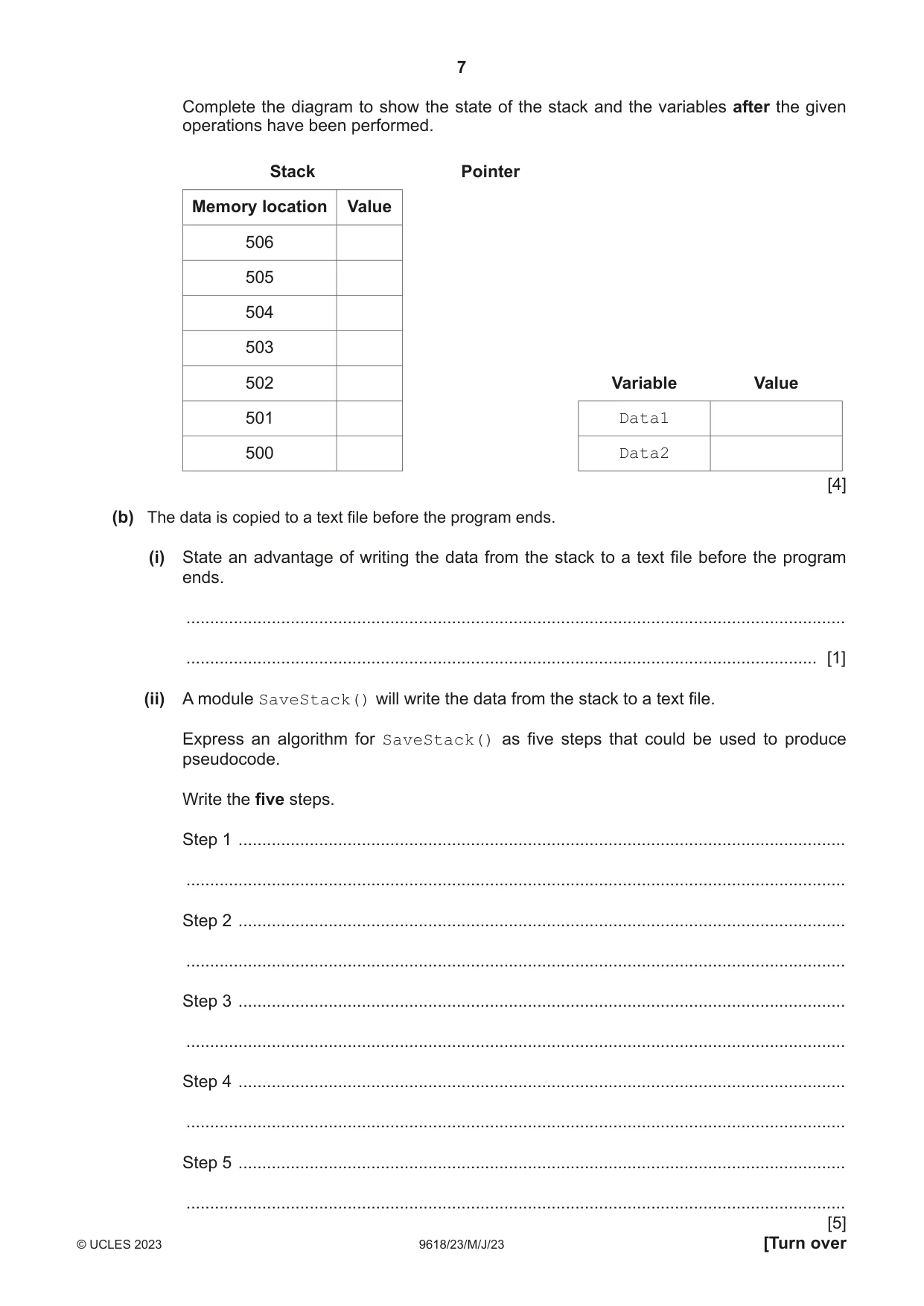 Cambridge A Level Computer Science 9618 2023 May/June Paper 2 · Variant 3 question paper, page 7 of 20