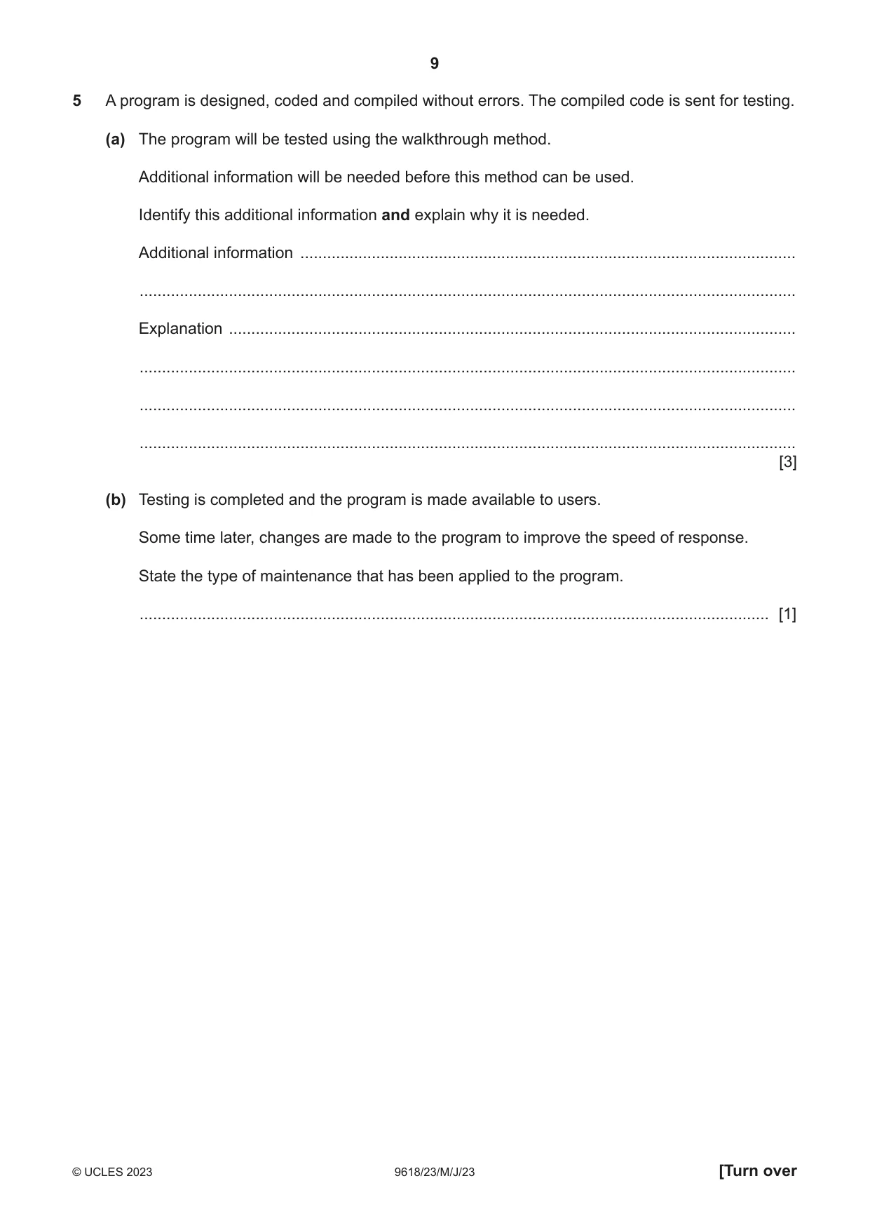 Cambridge A Level Computer Science 9618 2023 May/June Paper 2 · Variant 3 question paper, page 9 of 20