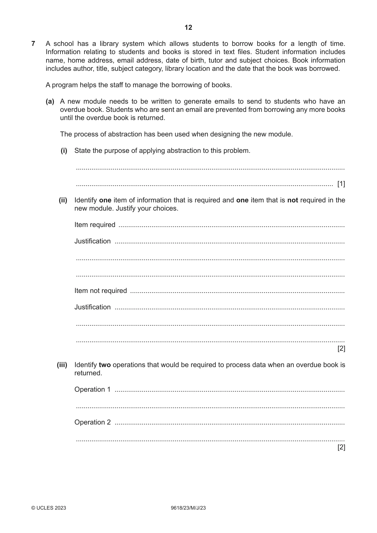 Cambridge A Level Computer Science 9618 2023 May/June Paper 2 · Variant 3 question paper, page 12 of 20
