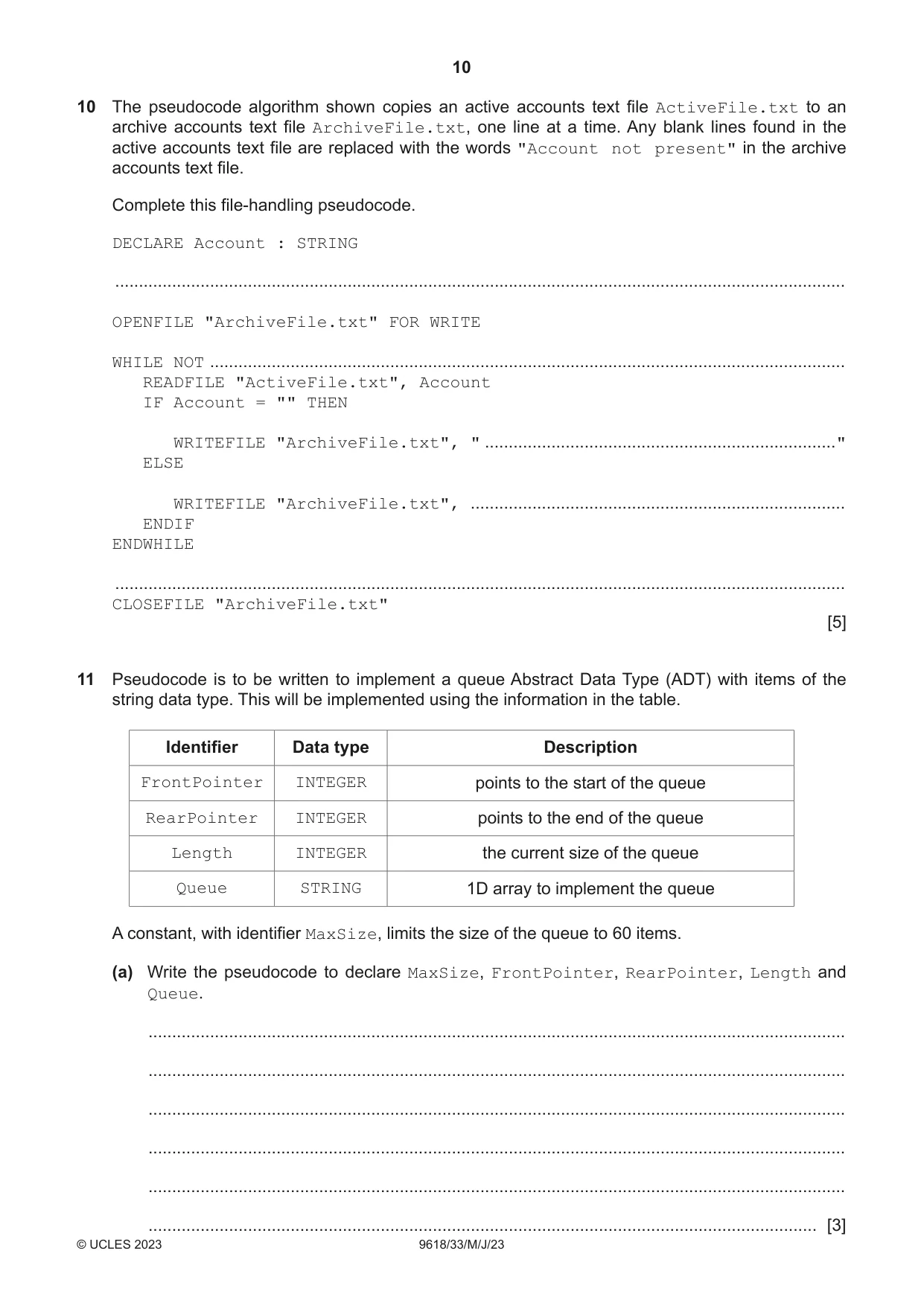 Cambridge A Level Computer Science 9618 2023 May/June Paper 3 · Variant 3 question paper, page 10 of 12