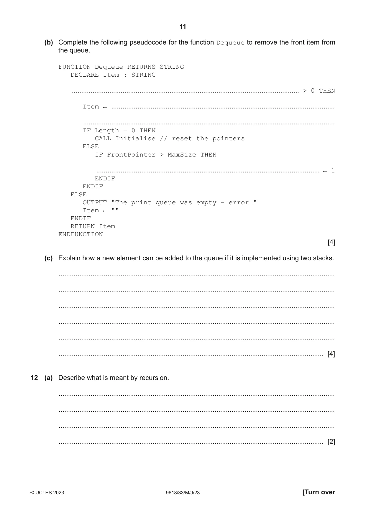 Cambridge A Level Computer Science 9618 2023 May/June Paper 3 · Variant 3 question paper, page 11 of 12