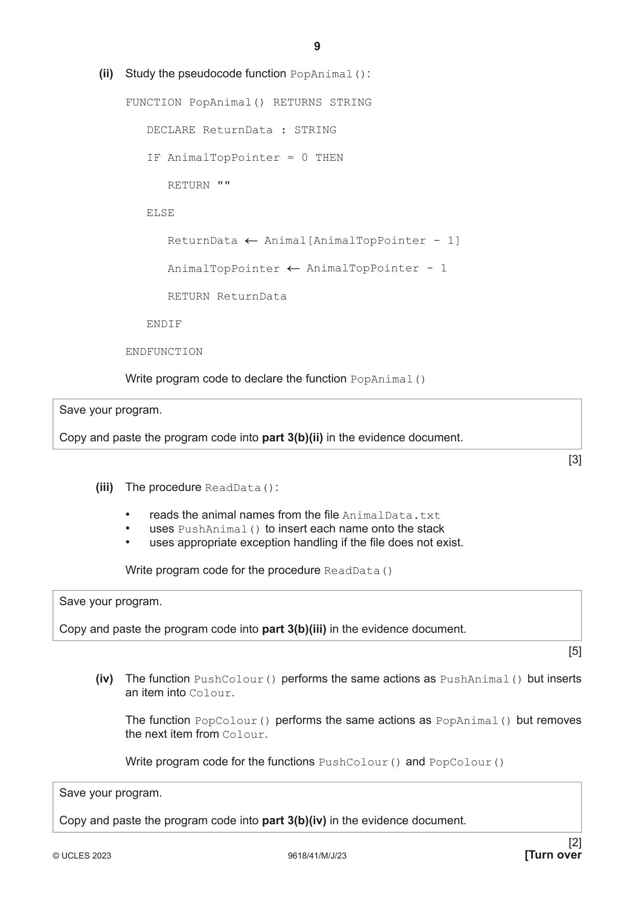 Cambridge A Level Computer Science 9618 2023 May/June Paper 4 · Variant 1 question paper, page 9 of 12