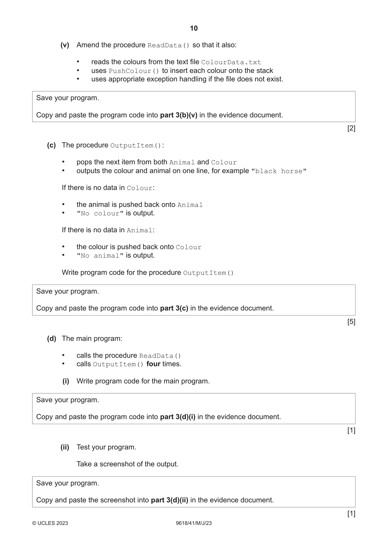 Cambridge A Level Computer Science 9618 2023 May/June Paper 4 · Variant 1 question paper, page 10 of 12