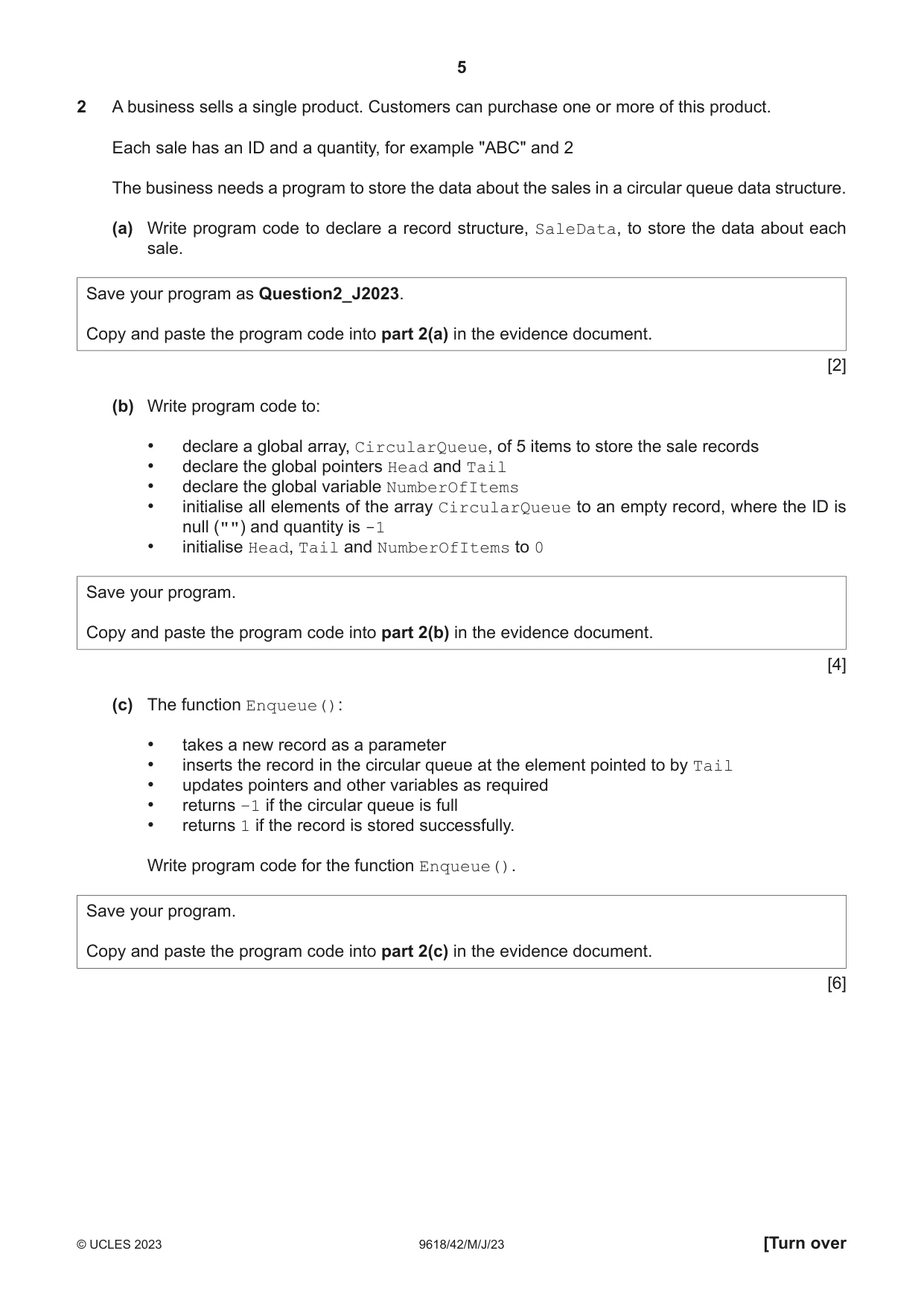 Cambridge A Level Computer Science 9618 2023 May/June Paper 4 · Variant 2 question paper, page 5 of 12