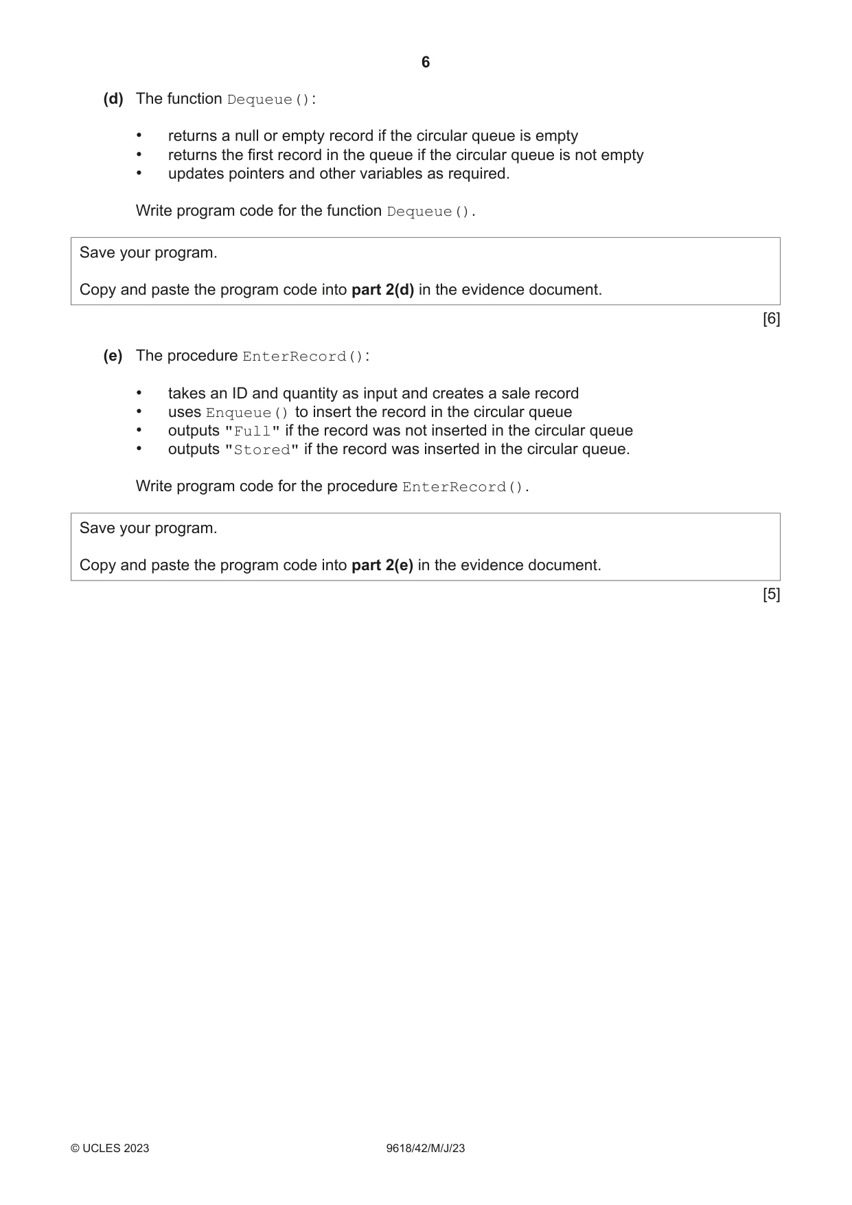 Cambridge A Level Computer Science 9618 2023 May/June Paper 4 · Variant 2 question paper, page 6 of 12