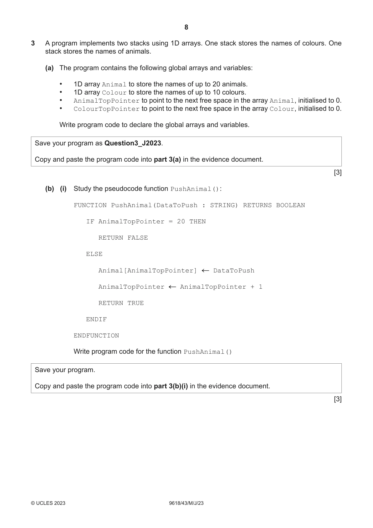 Cambridge A Level Computer Science 9618 2023 May/June Paper 4 · Variant 3 question paper, page 8 of 12