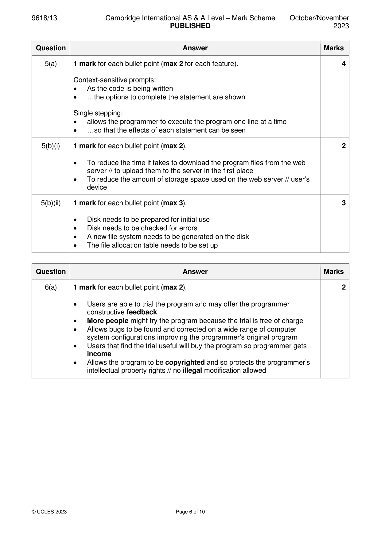 Mark scheme, page 6 of 10