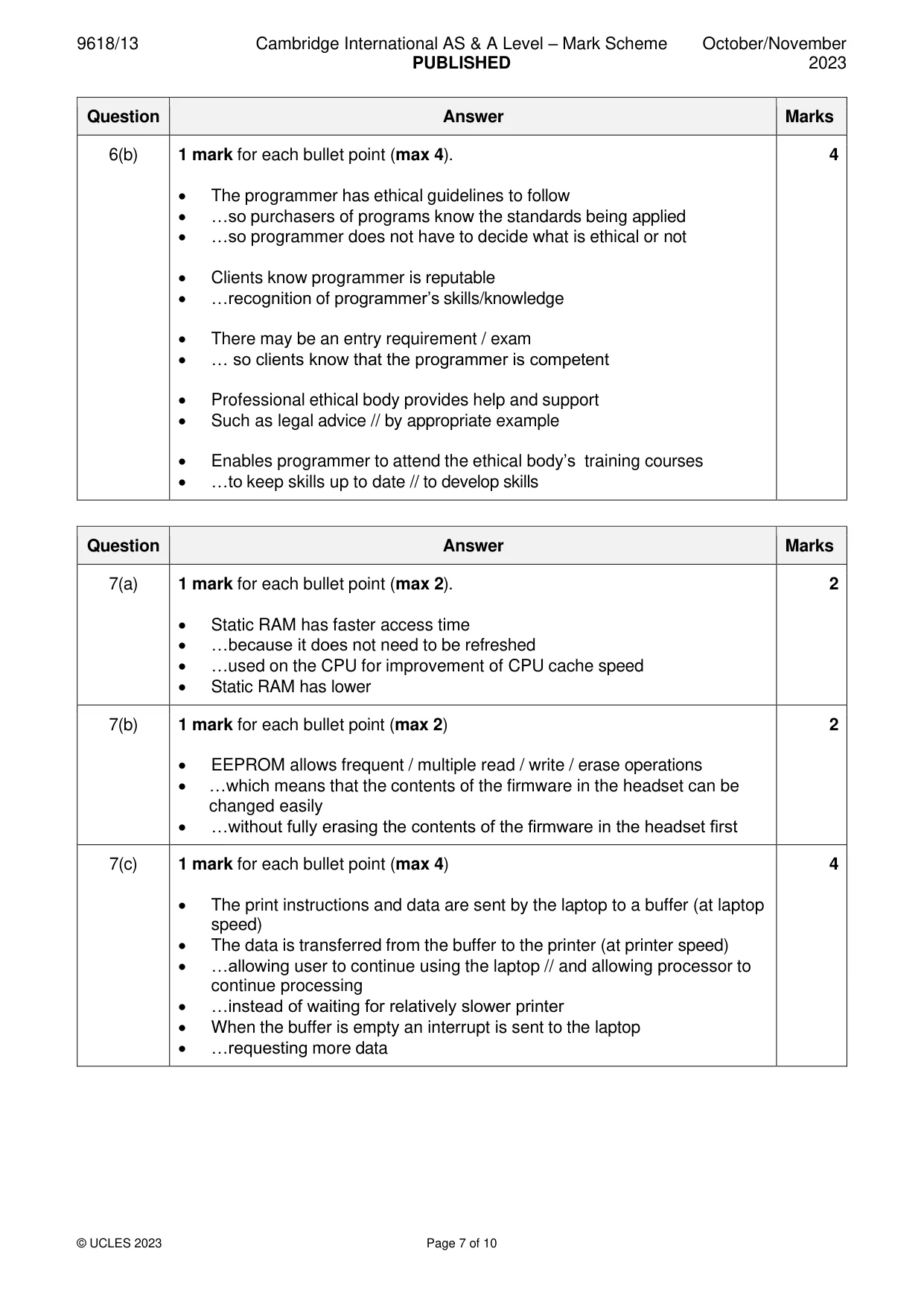 Mark scheme, page 7 of 10
