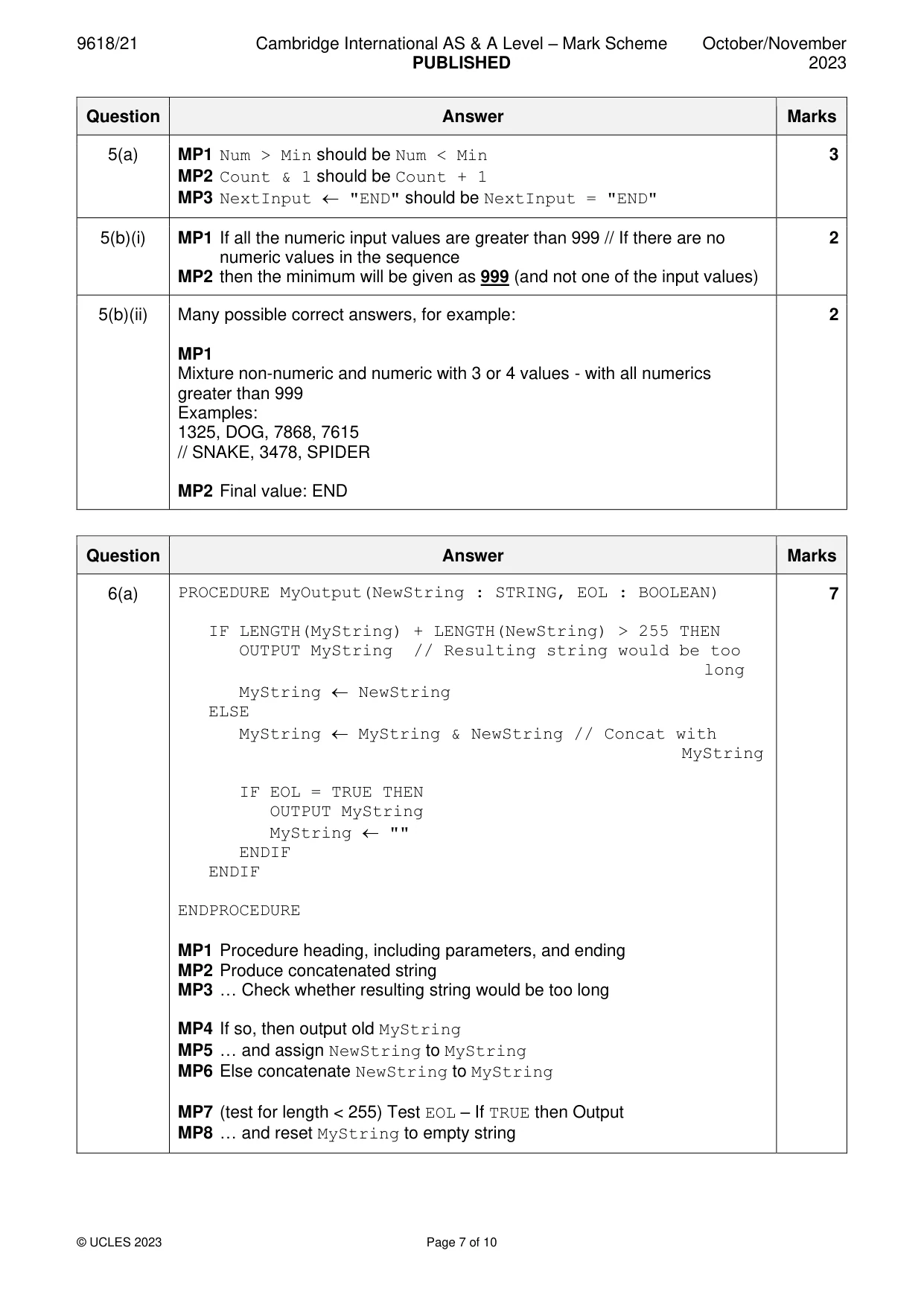 Mark scheme, page 7 of 10