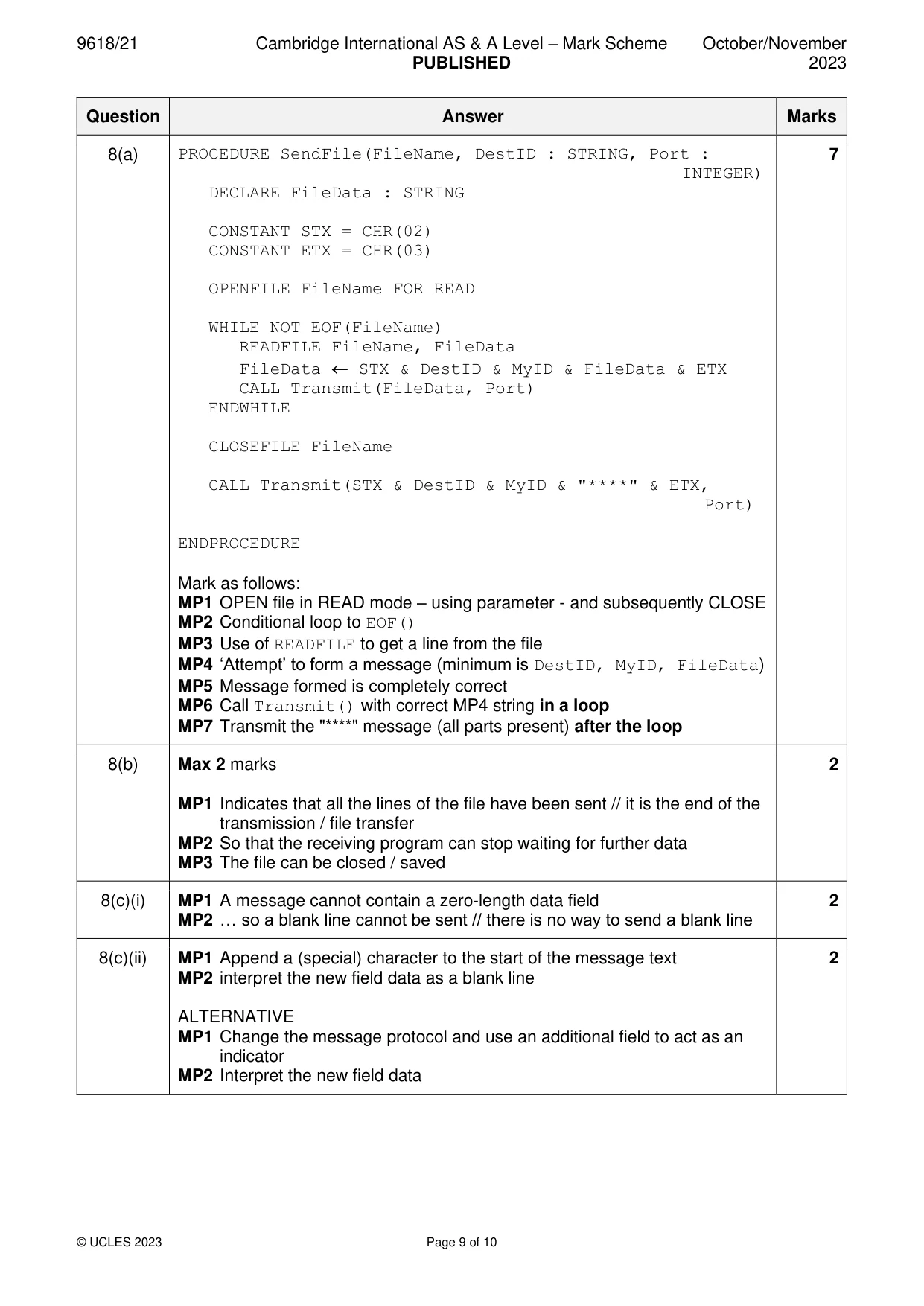 Mark scheme, page 9 of 10