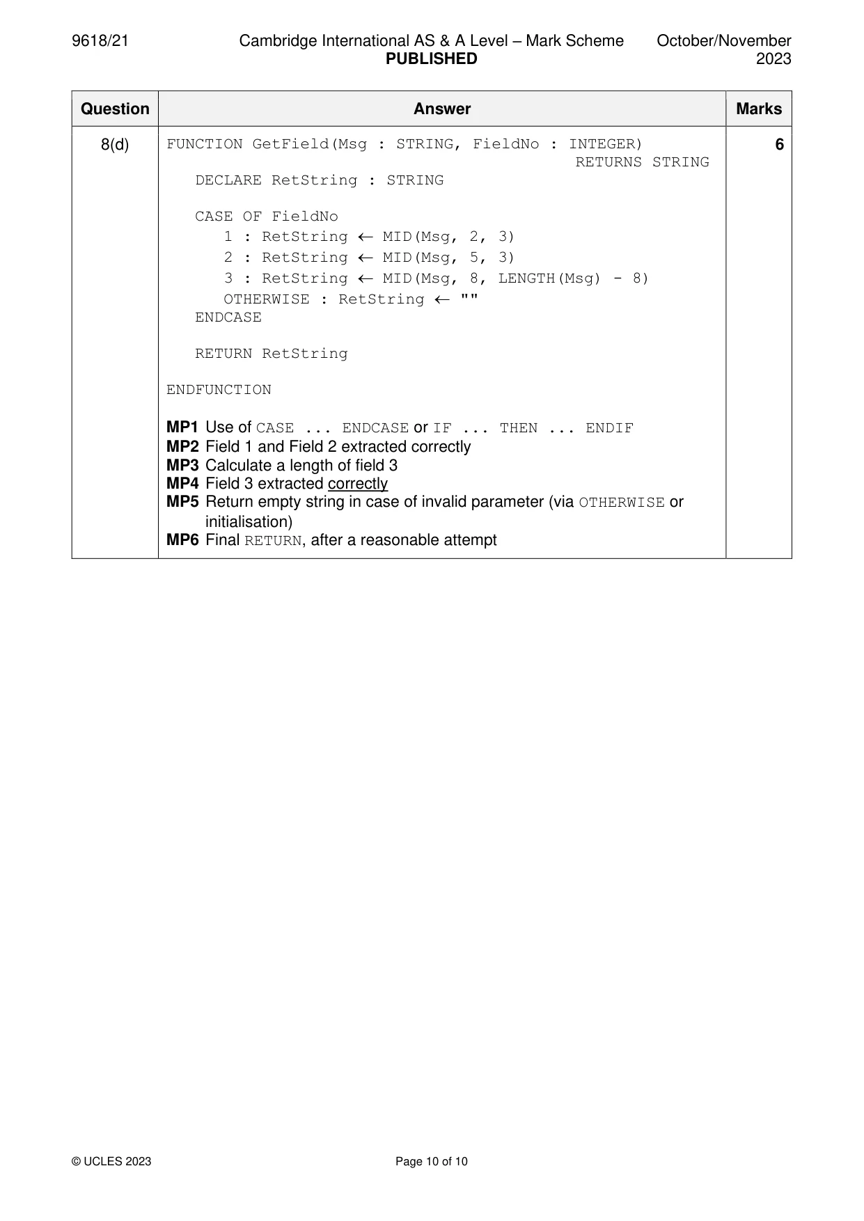 Mark scheme, page 10 of 10