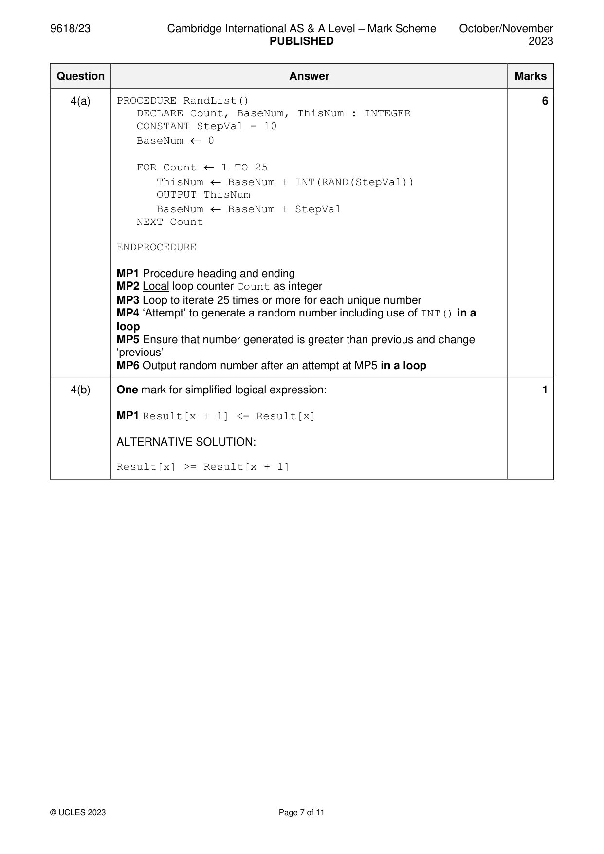 Mark scheme, page 7 of 11
