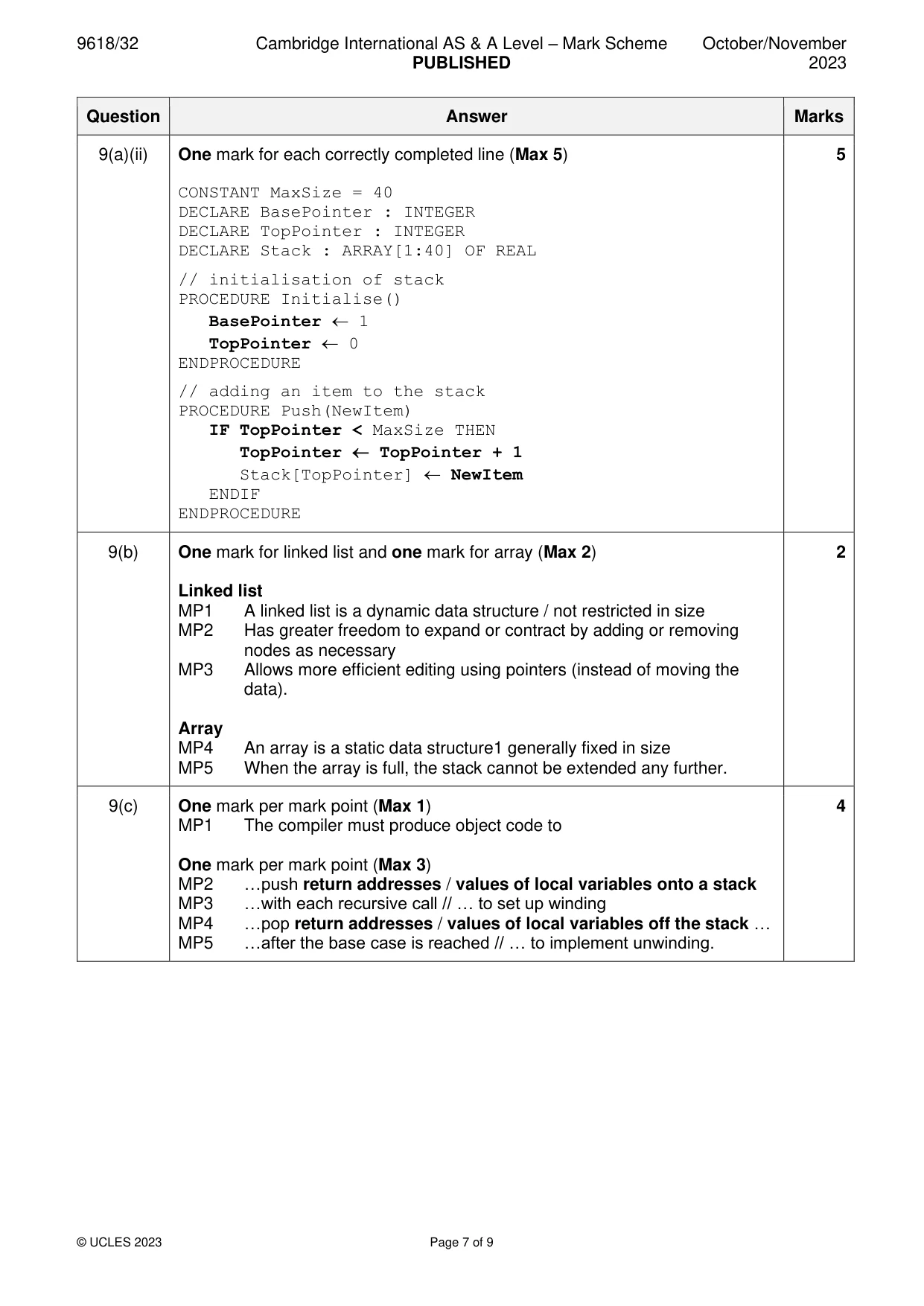 Mark scheme, page 7 of 9
