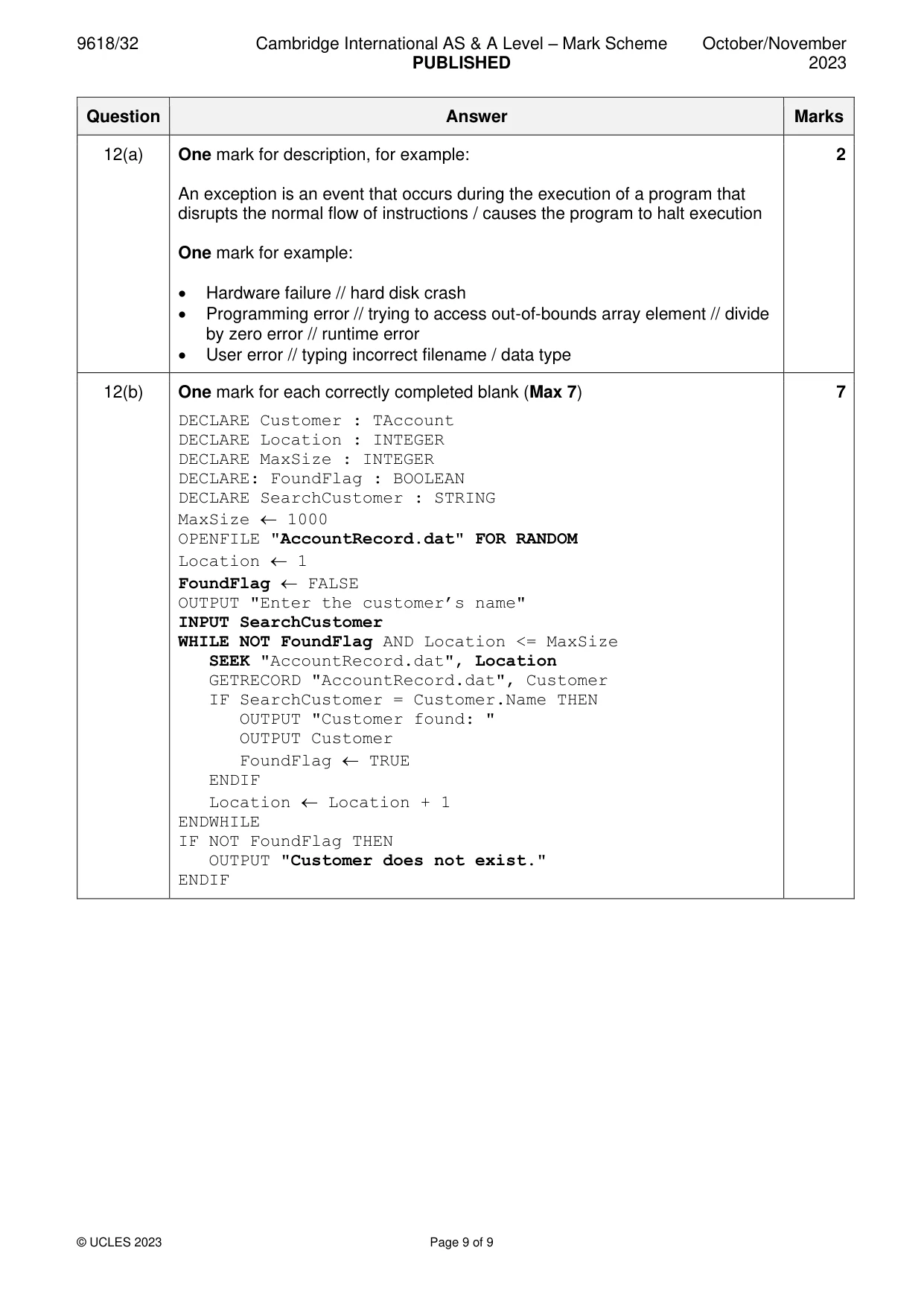Mark scheme, page 9 of 9