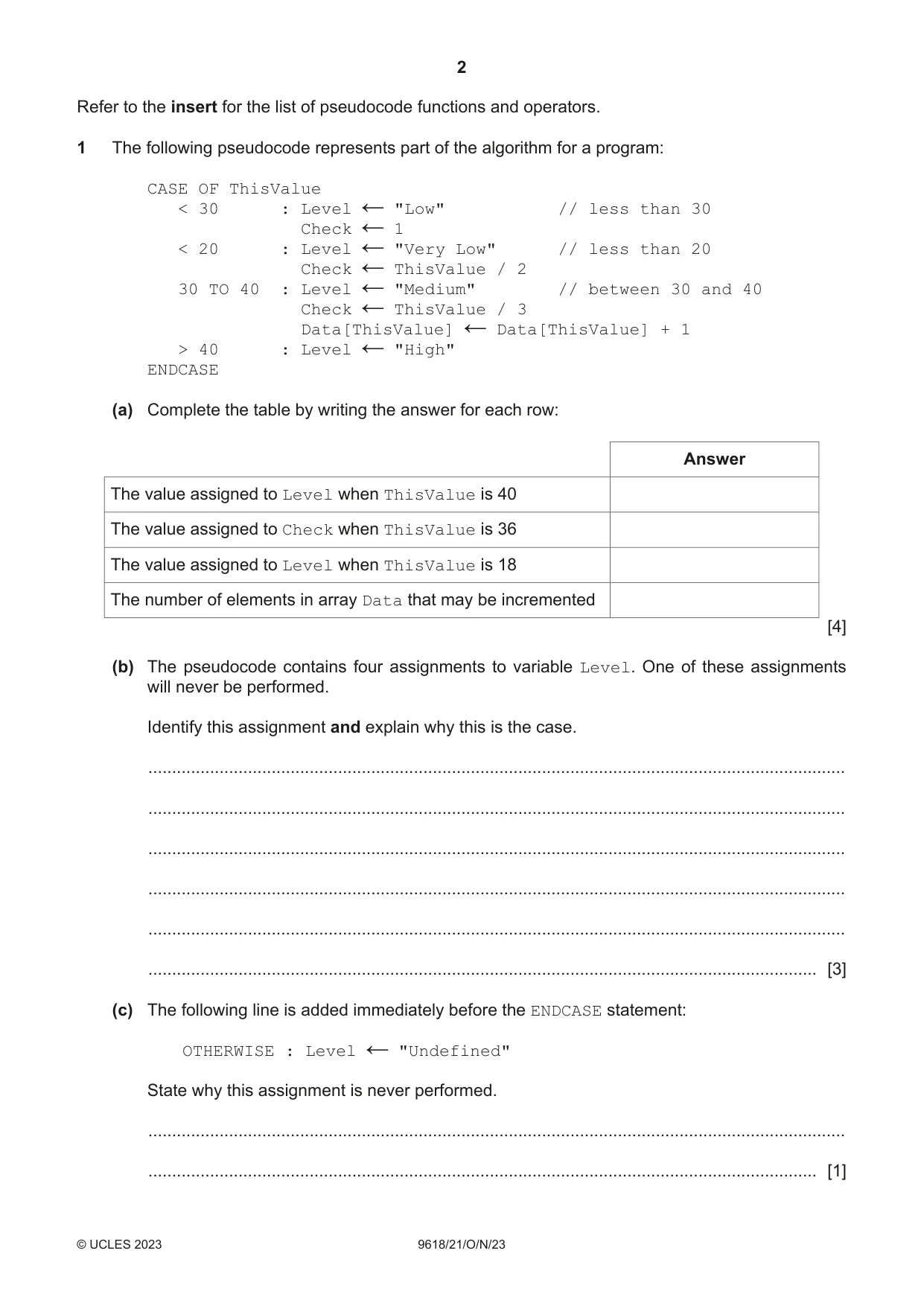 Cambridge A Level Computer Science 9618 2023 Oct/Nov Paper 2 · Variant 1 question paper, page 2 of 20