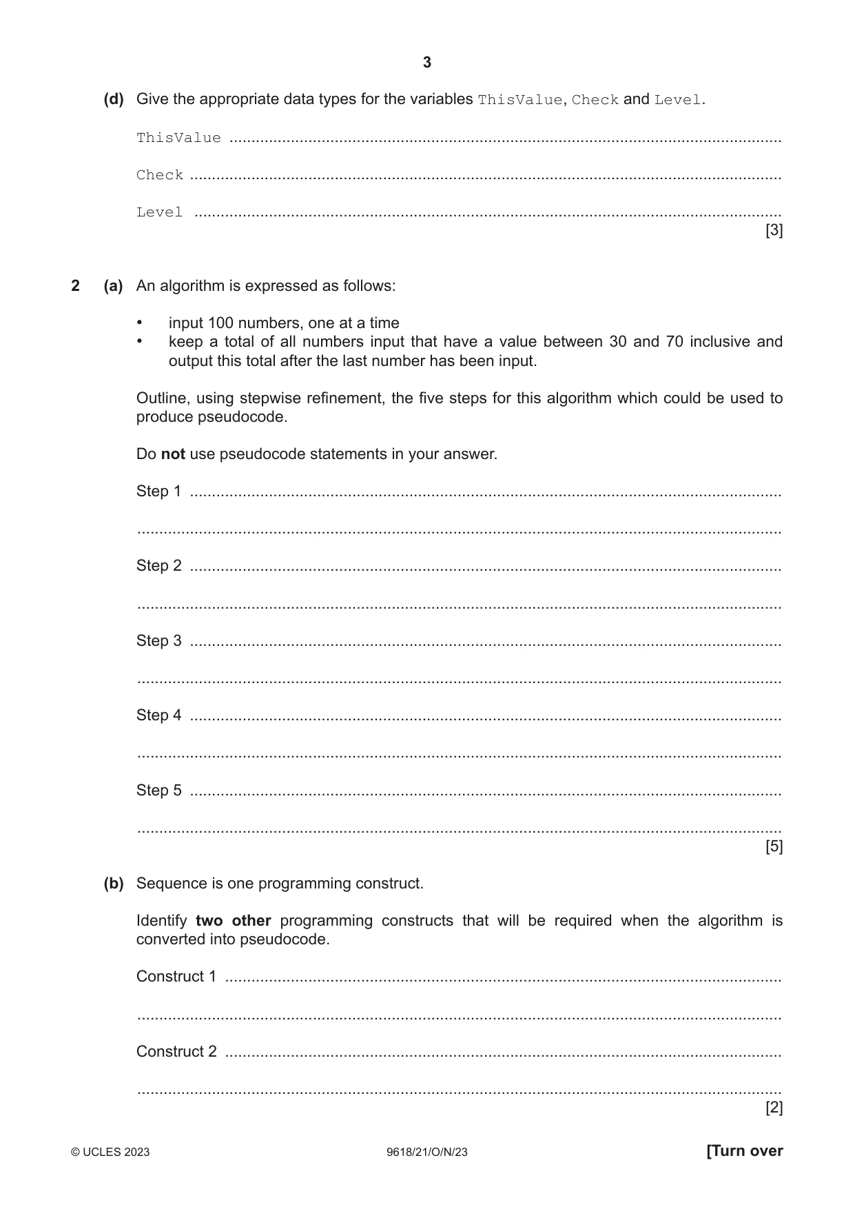 Cambridge A Level Computer Science 9618 2023 Oct/Nov Paper 2 · Variant 1 question paper, page 3 of 20
