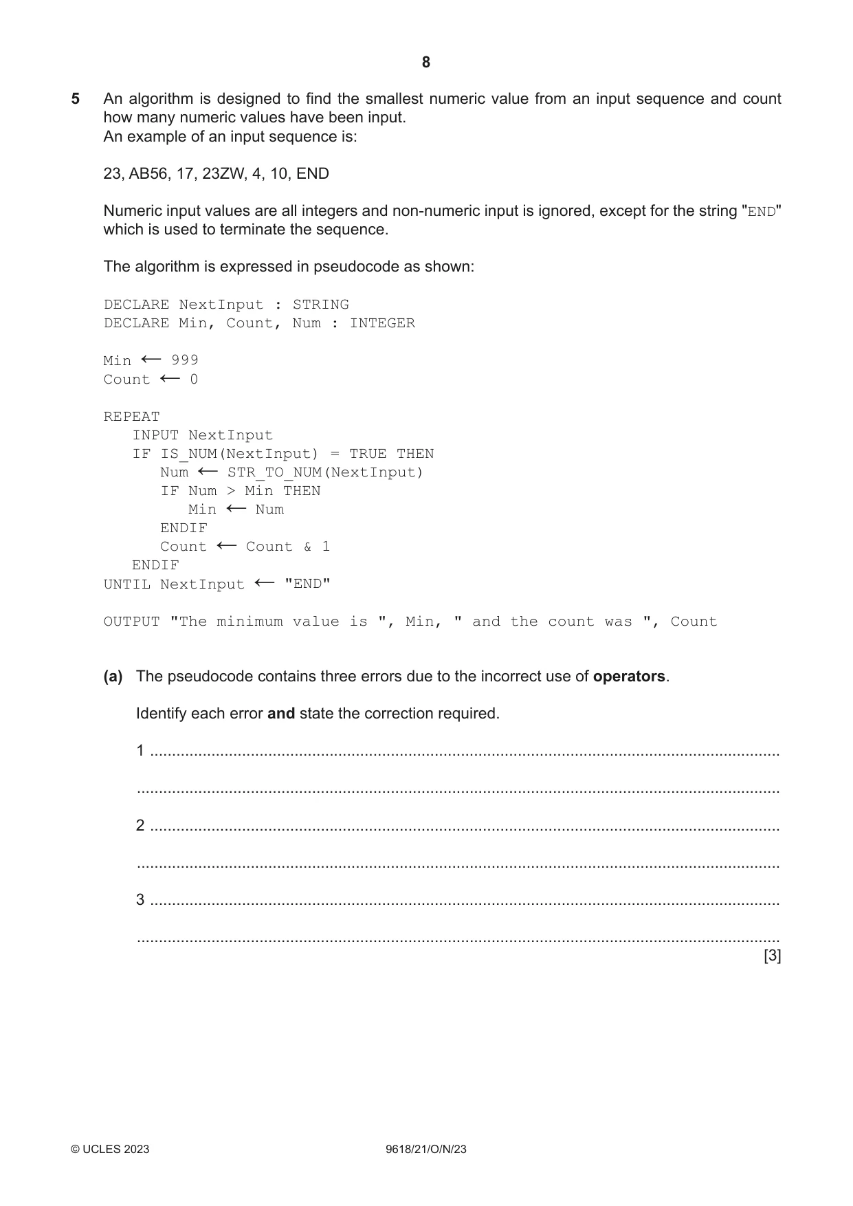 Cambridge A Level Computer Science 9618 2023 Oct/Nov Paper 2 · Variant 1 question paper, page 8 of 20