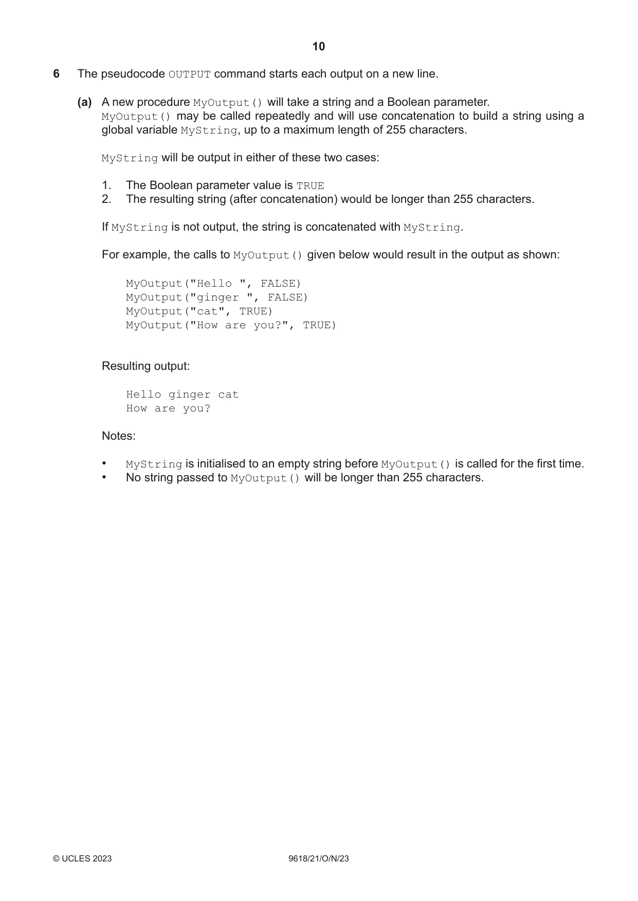 Cambridge A Level Computer Science 9618 2023 Oct/Nov Paper 2 · Variant 1 question paper, page 10 of 20